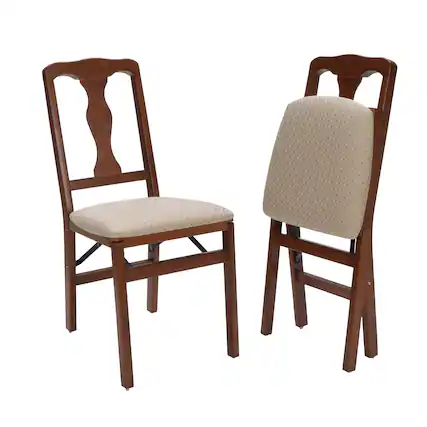 Front. Stakmore - Stakmore Queen Anne Folding Chair, Cherry Frame with Blush Fabric - Brown.