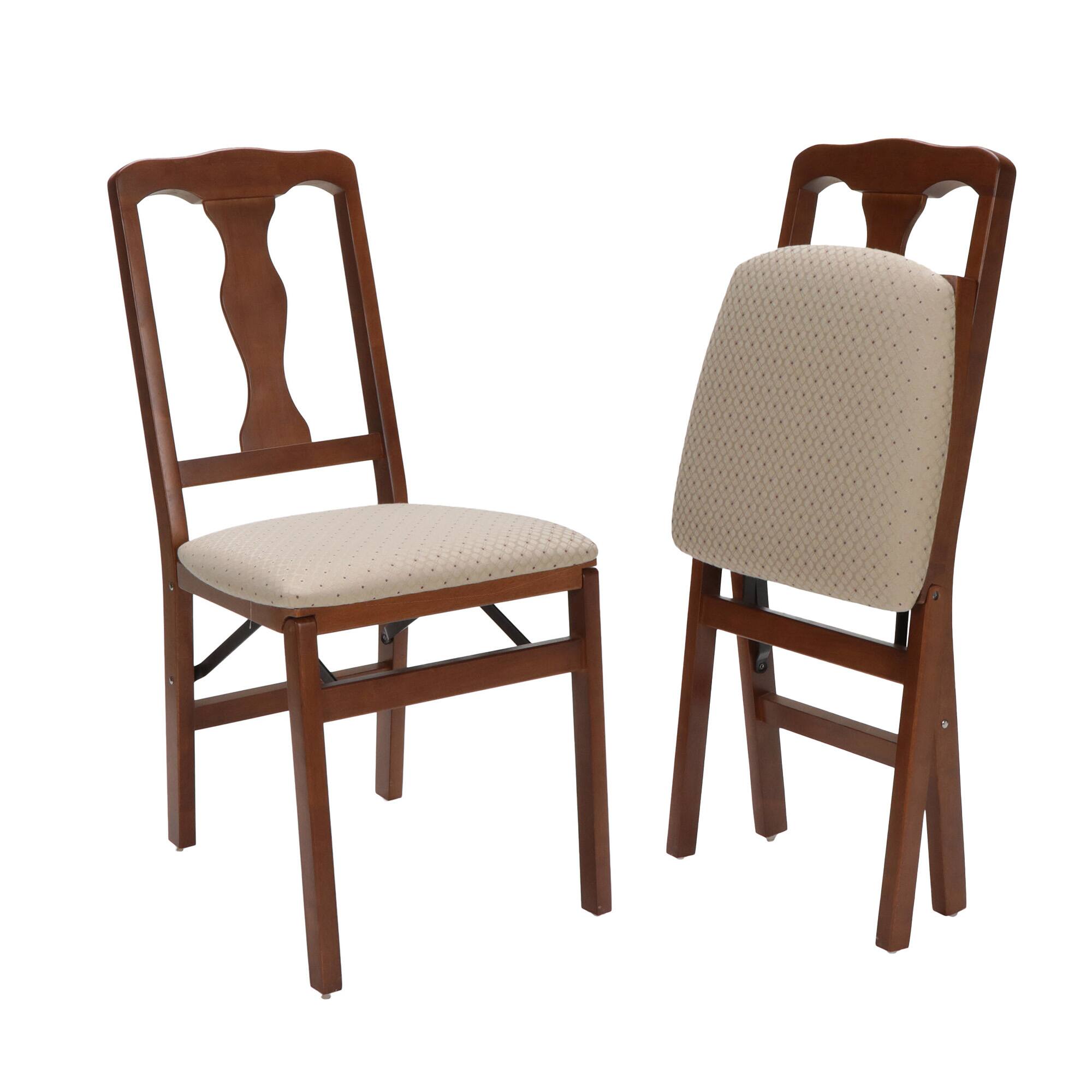 Front. Stakmore - Stakmore Queen Anne Folding Chair, Cherry Frame with Blush Fabric - Brown.