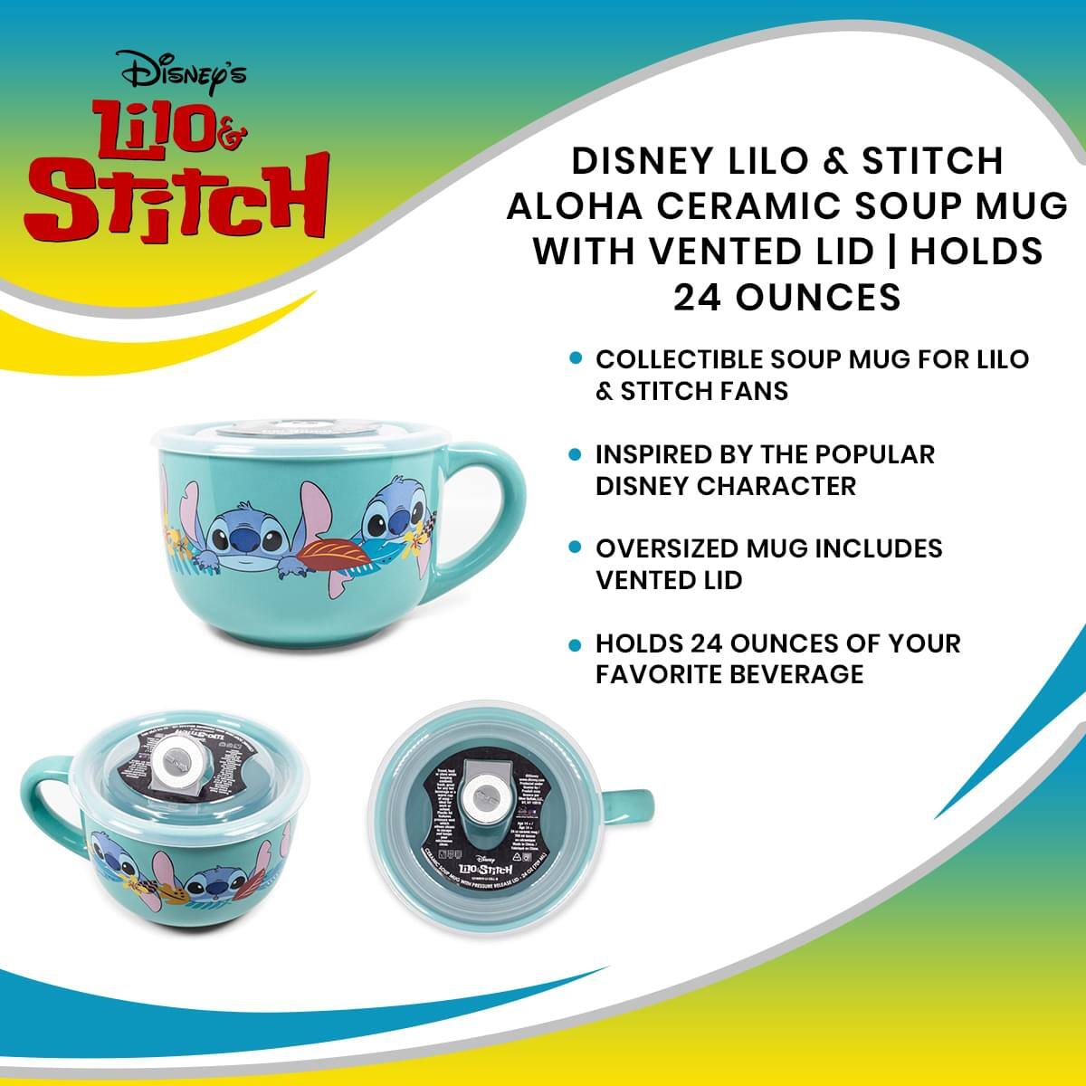 Disney's Lilo & Stitch

DISNEY Lilo & Stitch ALOHA CERAMIC SOUP MUG WITH VENTED LID | HOLDS 24 OUNCES

- COLLECTIBLE SOUP MUG FOR Lilo & Stitch FANS
- INSPIRED BY THE POPULAR DISNEY CHARACTER
- OVERSIZED MUG INCLUDES VENTED LID
- HOLDS 24 OUNCES OF YOUR FAVORITE BEVERAGE