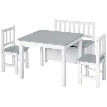 Front. Qaba - 4-Piece Kids Table Set with 2 Wooden Chairs, 1 Storage Bench, and Interesting Modern Design - Grey.