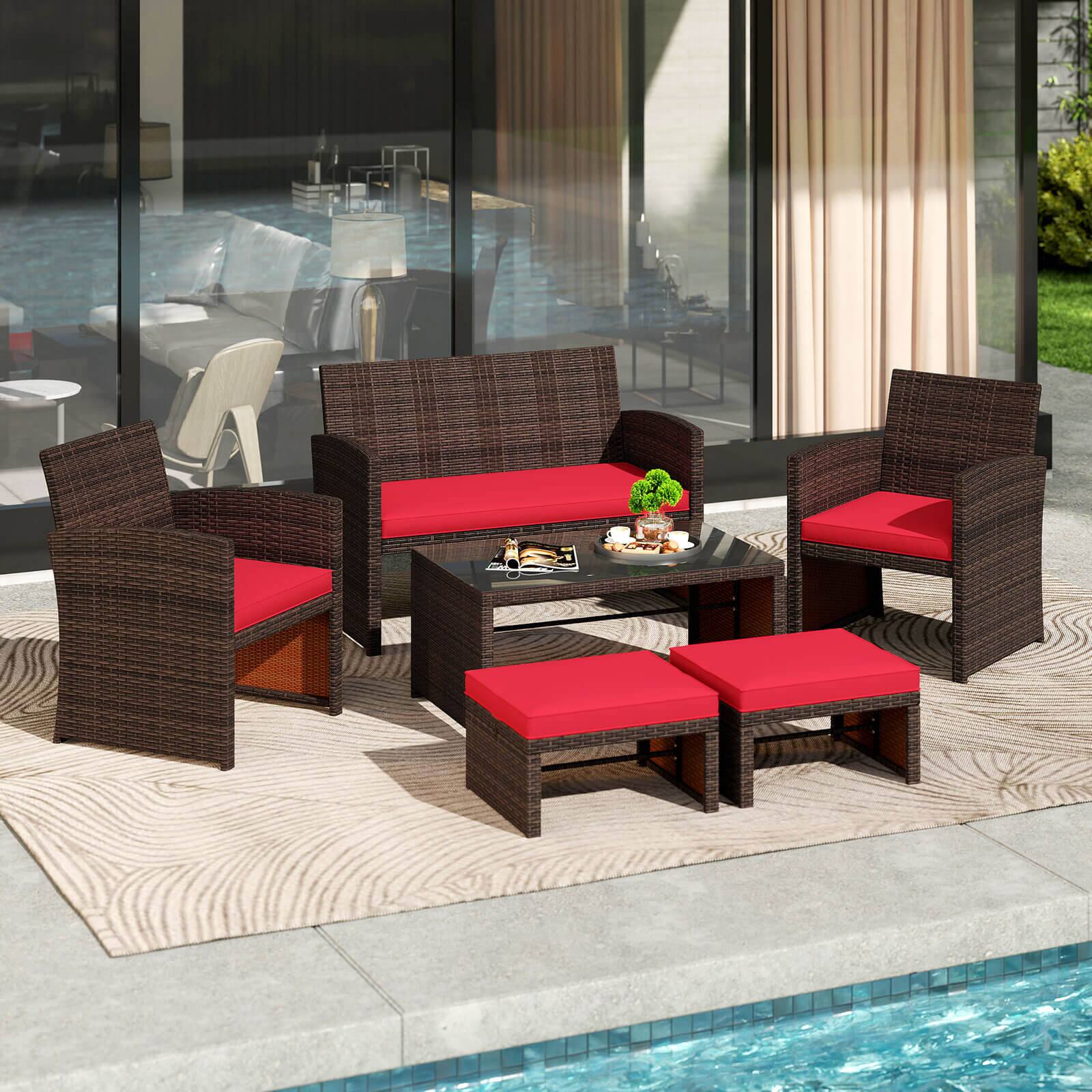 Alt View 1. Gymax - Gymax 6 PCS Patio Furniture Set w/ 1 Loveseat 1 Coffee Table 2 Armchairs 2 Ottomans Red - Mix Brown, Red.