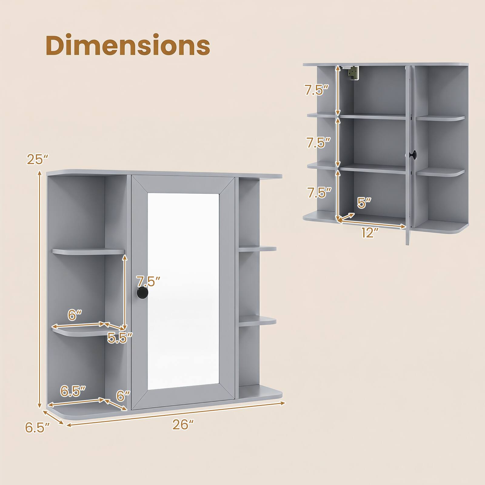 Dimensions: 7.5" x 25" x 7.5" x 7.5" x 5" x 12" x 7.5" x 6" x 5.5" x 6.5" x 6" x 6.5" x 26"
