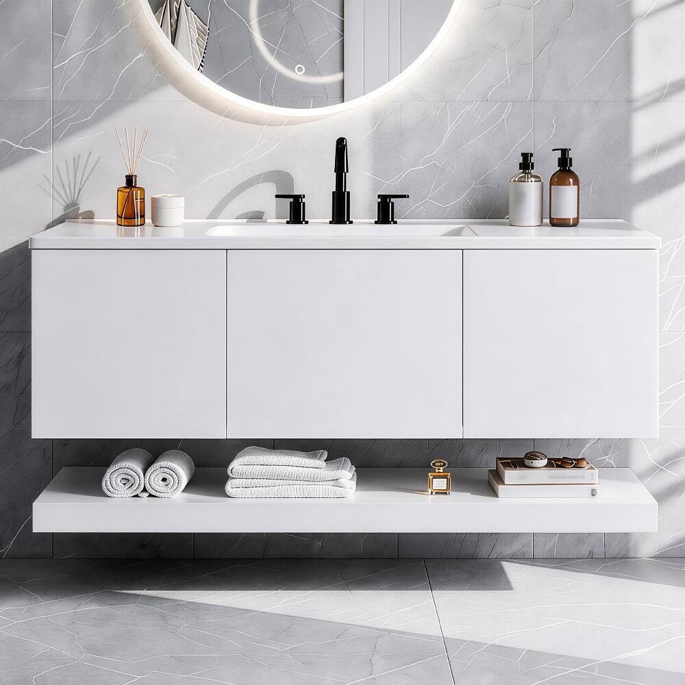 Angle. Loheer - Loheer 48 Inch Wall Mounted Bathroom Vanity White Floating Vanity with Sink and 3 Drawers - White.