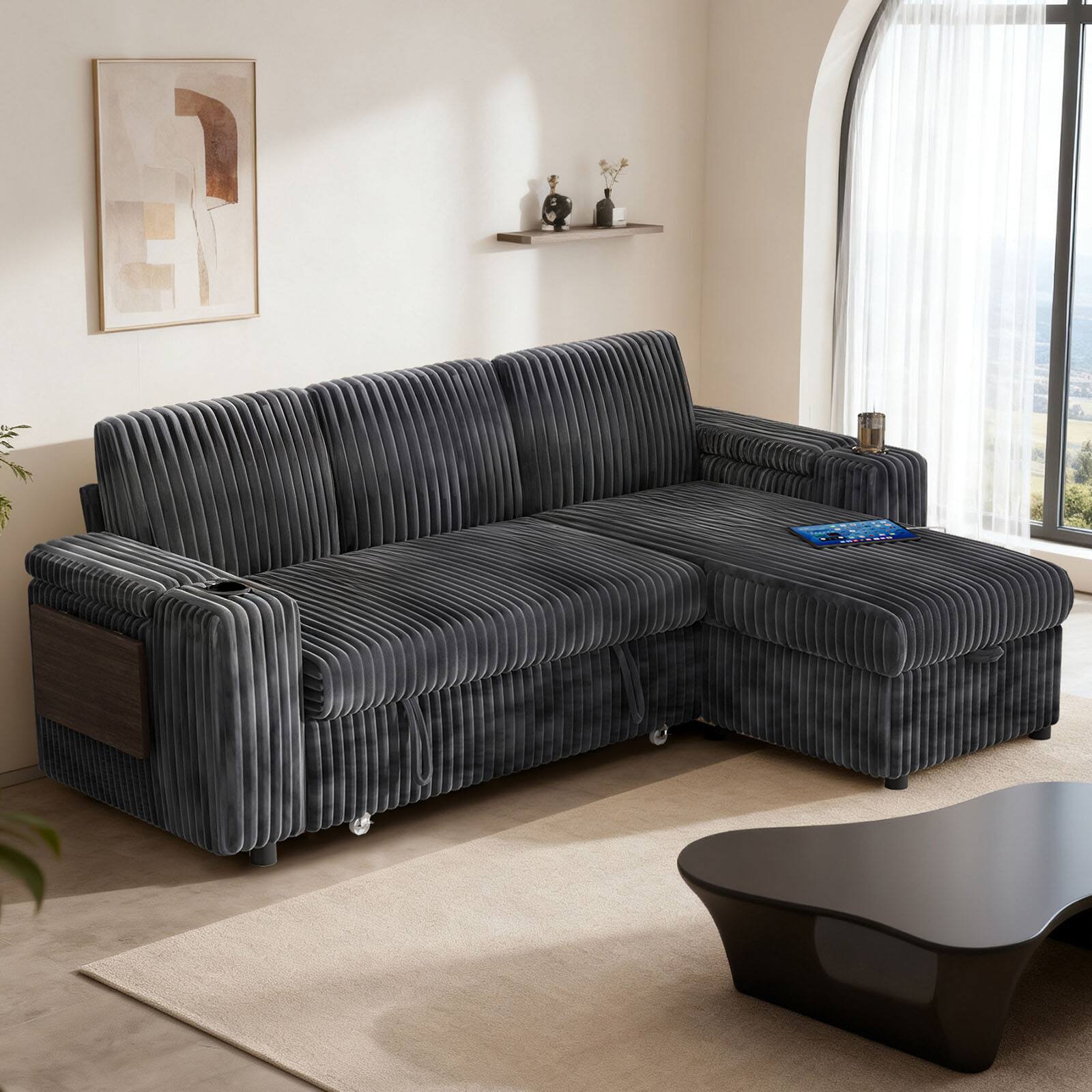 Alt View 1. Dyonery - Dyonery 85" Modular Sectional Sleeper Sofa with Pull Out Bed, 3 Seat L Shaped with Reclining Backrest,Corduroy Gray - Gray.