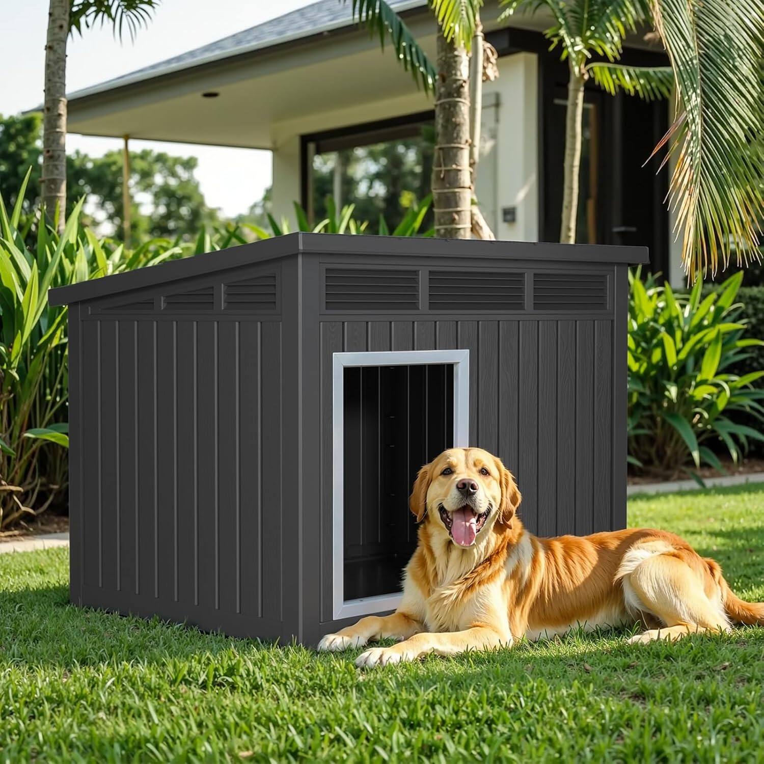 Angle. Decksplore - All - Weather Dog House – Indoor/Outdoor, Slanted Roof ,UV - Resistant, Waterproof, Ventilated,.