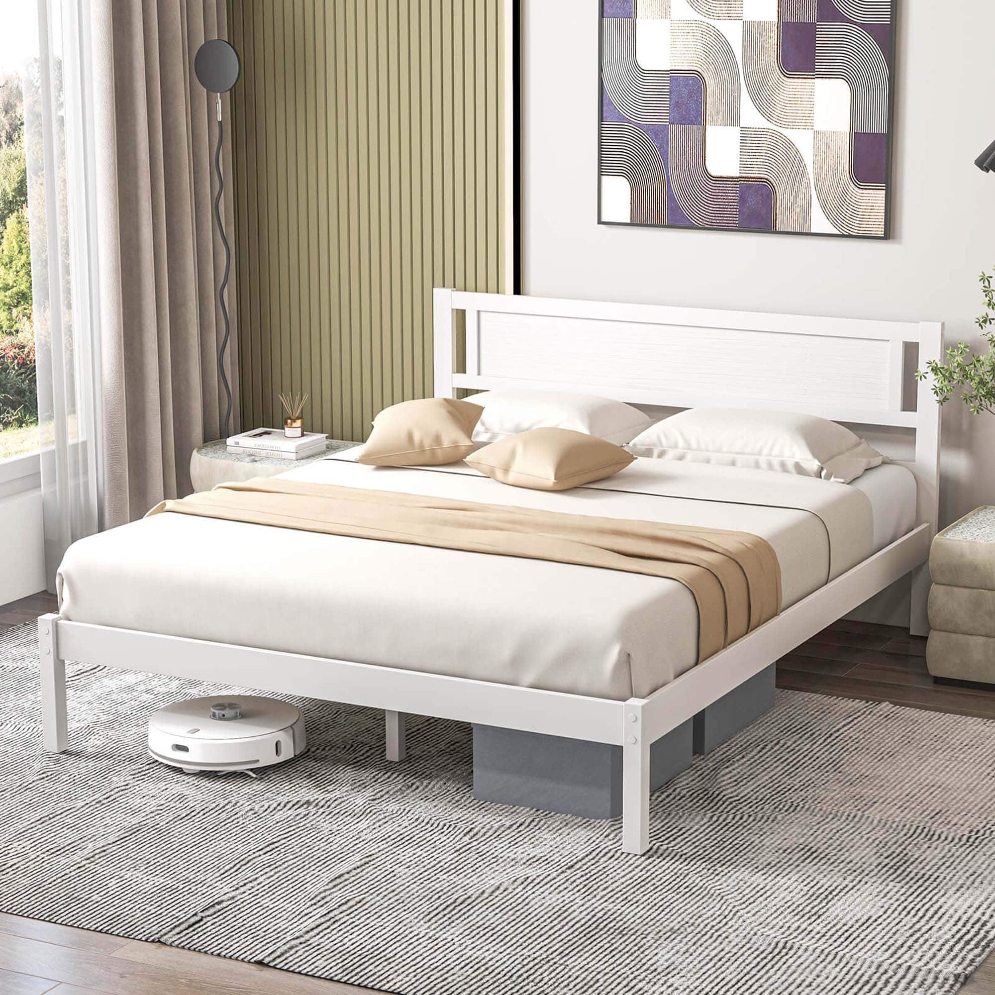 Back. Costway - Queen Wooden Platform Bed with 12 Slats Headboard & Under Bed Storage - White.