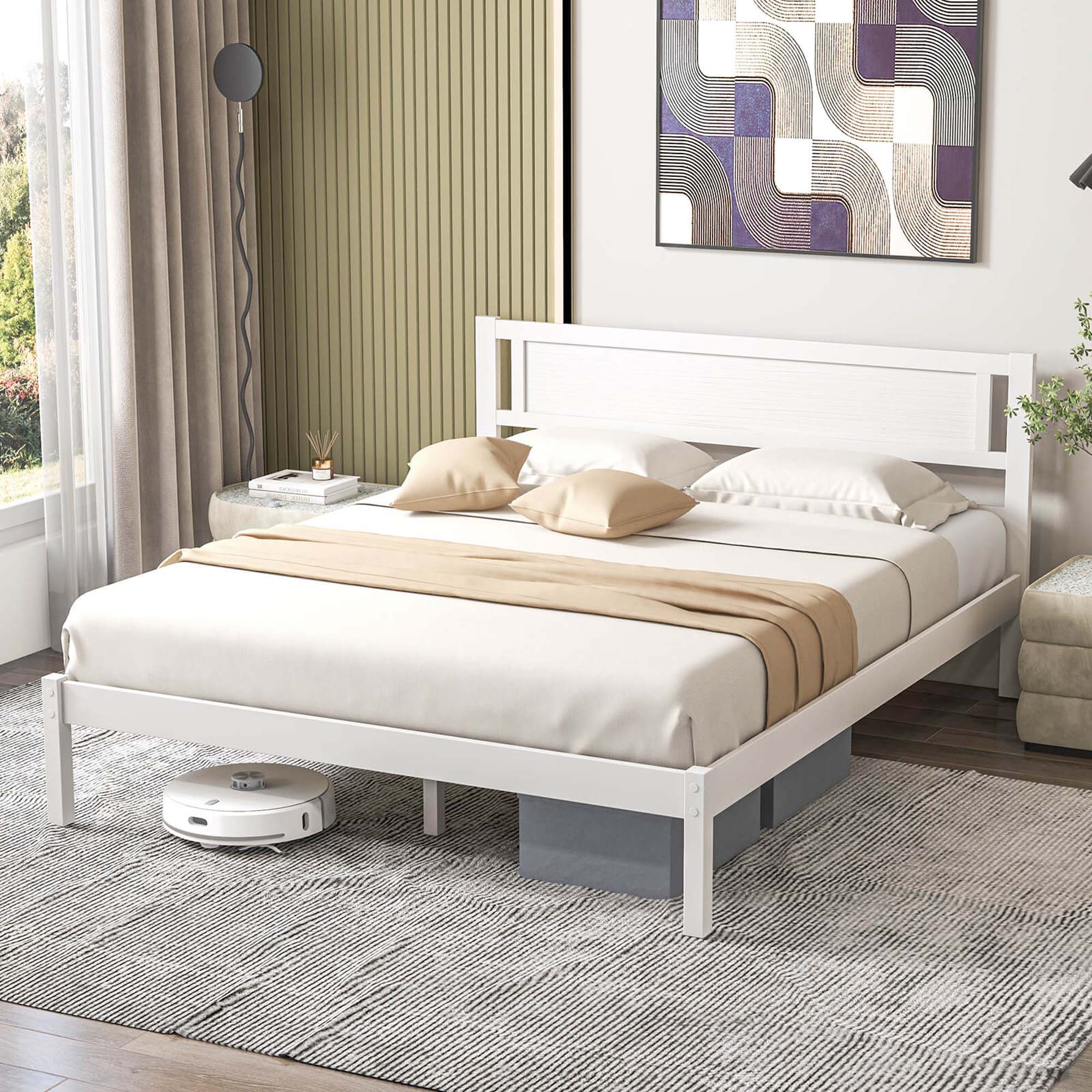 Back. Costway - Queen Wooden Platform Bed with 12 Slats Headboard & Under Bed Storage - White.