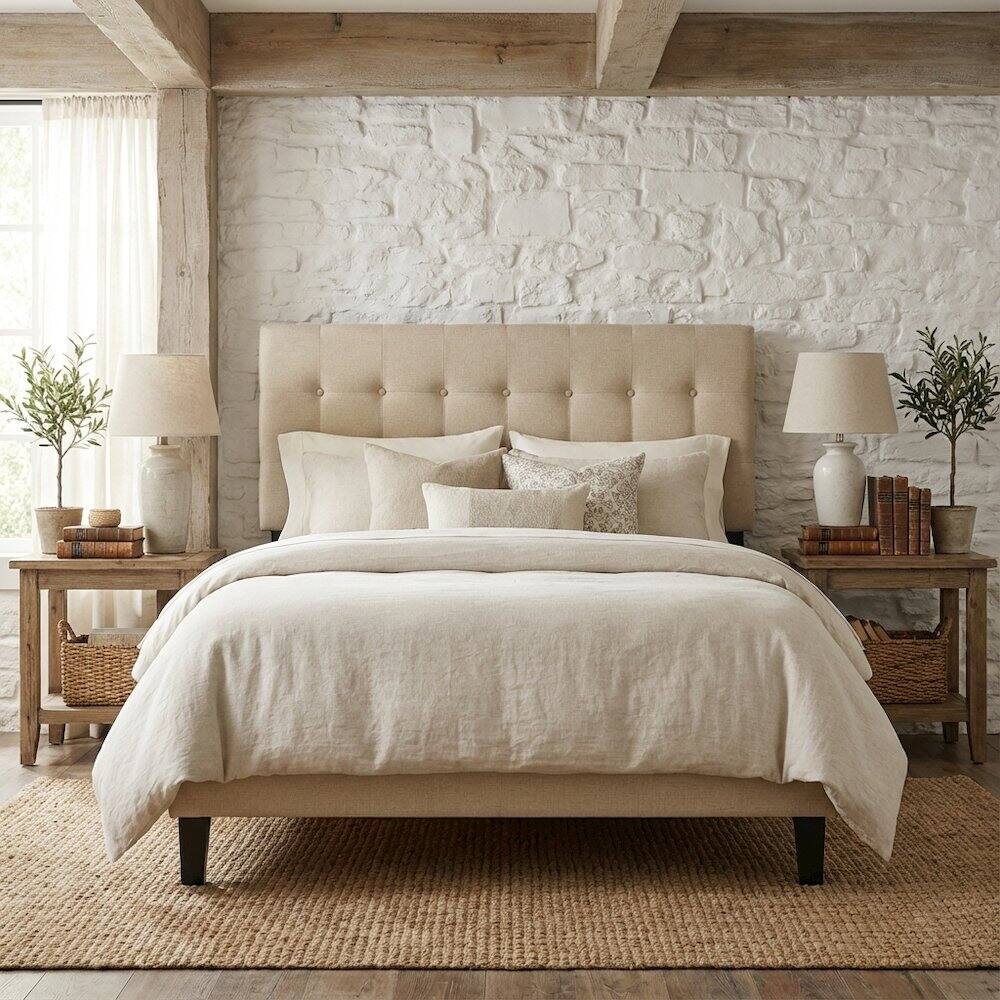 Angle. FurniFact - Upholstered Full Headboard, Soft Fabric, Durable Frame for Comfortable Support - Beige.