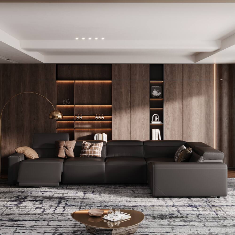 Left. POVISON - 141.14" Power Corner Sofa L-shaped Electric Reclining Couch, 2 Extendable Recliners, USB Charging, Living Room,Khaki - Black Sustainable Leather.