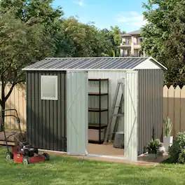 Anysun - 9x6 FT Metal Garden Shed with 1 Window – Outdoor Patio Storage Shed with Hinge Door, Galvanized Steel, Apex Roof - Gray
