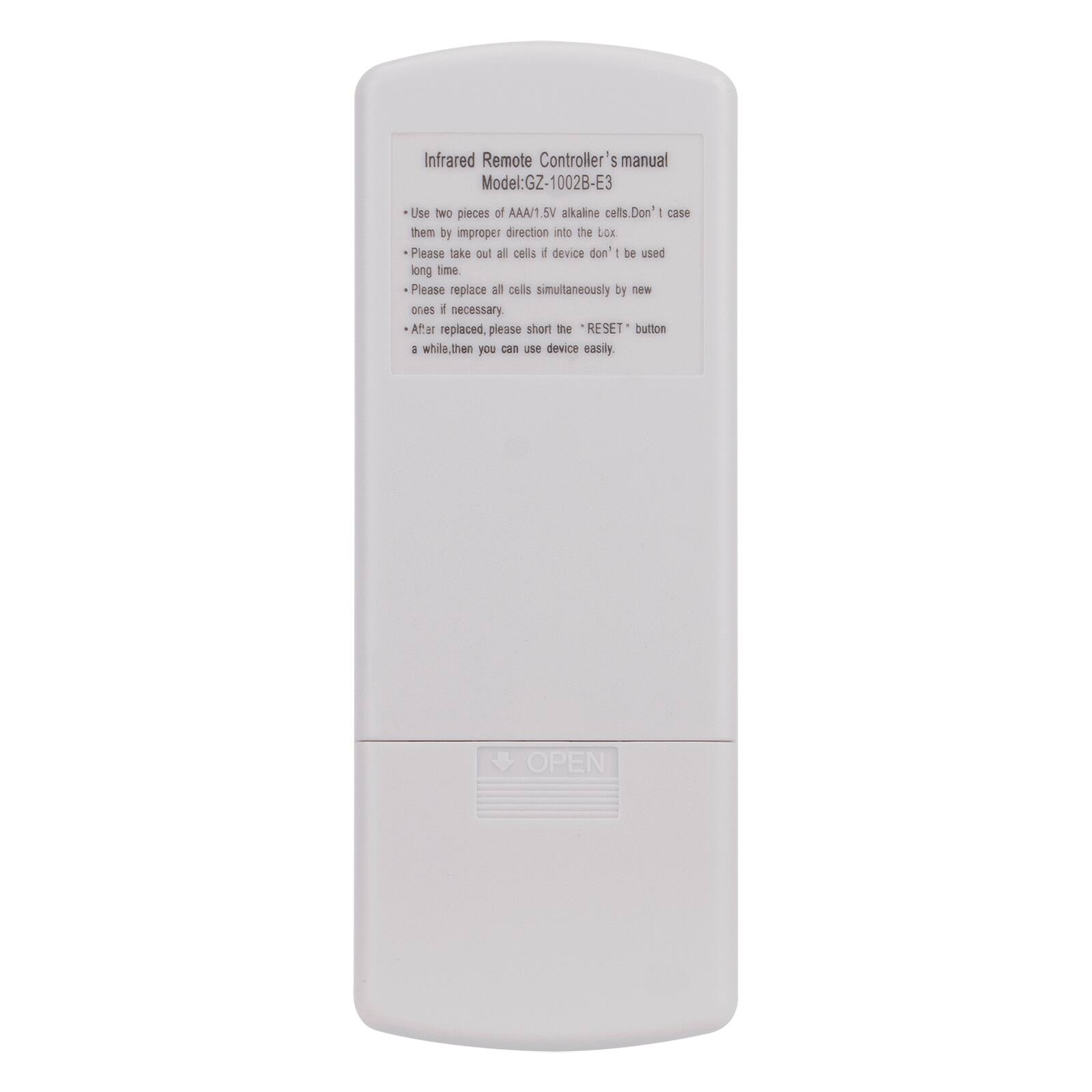 Infrared Remote Controller's manual  
Model: GZ-1002B-E3  

- Use two pieces of AAA/1.5V alkaline cells. Don't case them by improper direction into the lox.  
- Please take out all cells if device don't be used long time.  
- Please replace all cells simultaneously by new ones if necessary.  
- After replaced, please short the "RESET" button a while, then you can use device easily.  

OPEN