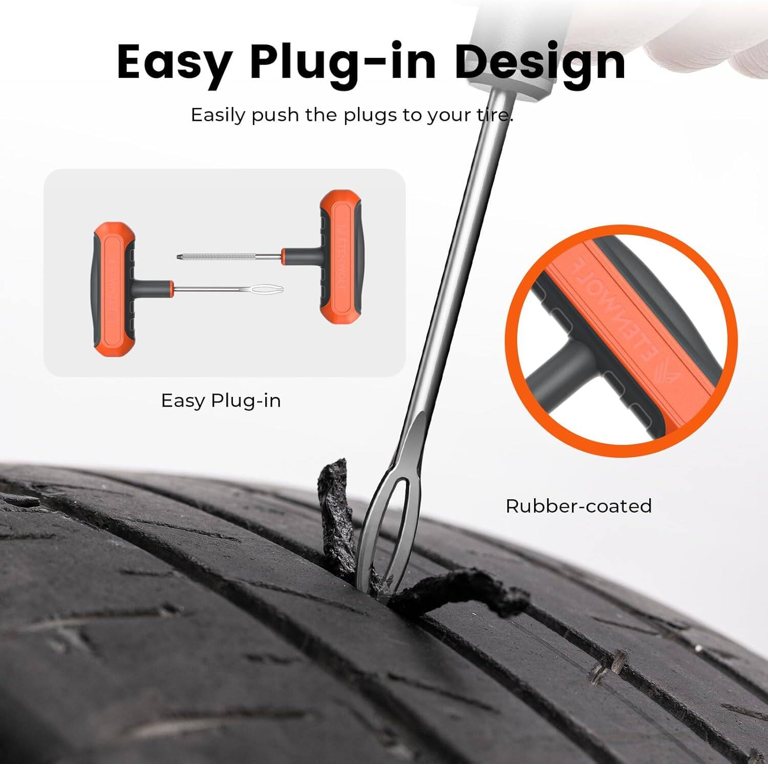 Easy Plug-in Design  
Easily push the plugs to your tire.  

Easy Plug-in  
Rubber-coated