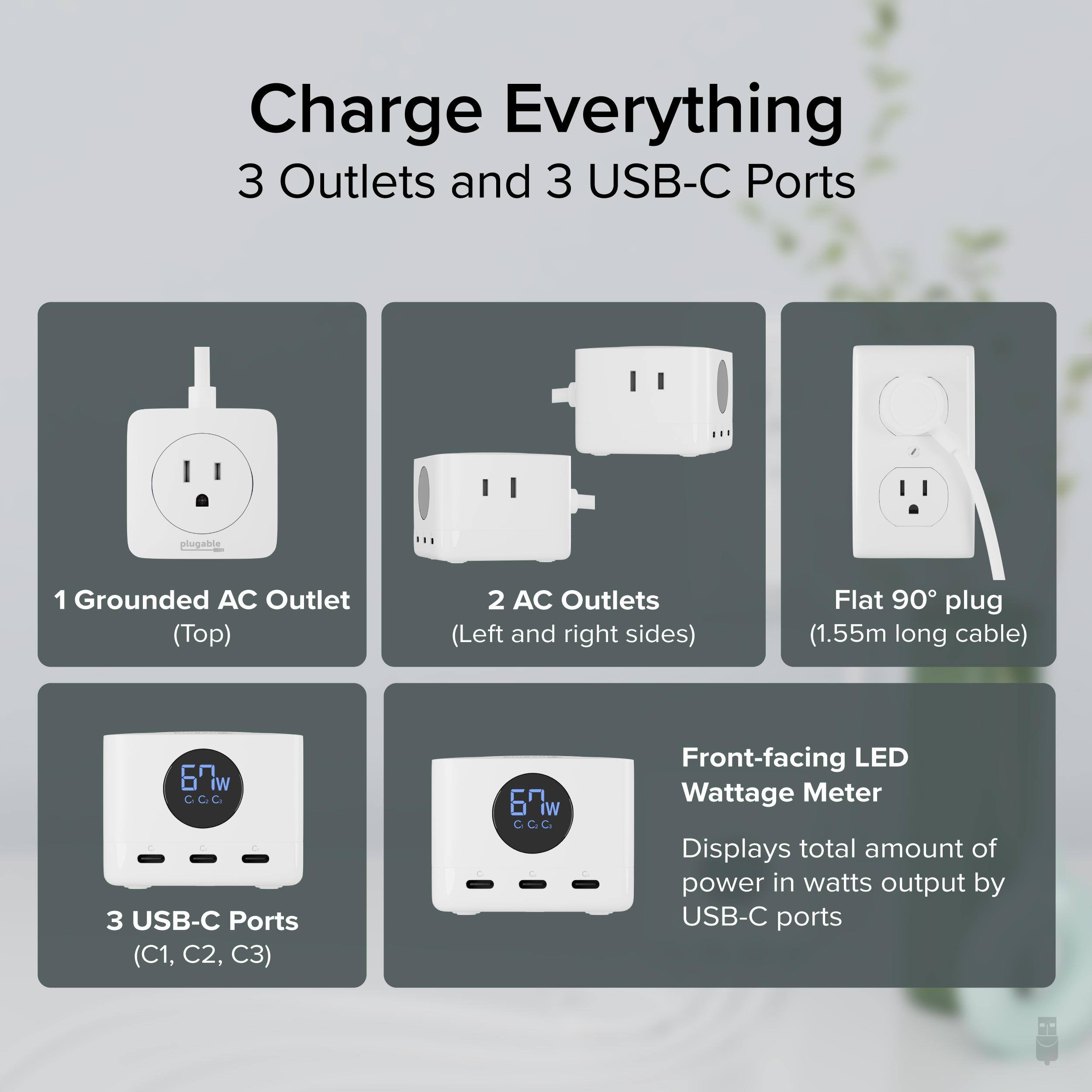 Charge Everything  
3 Outlets and 3 USB-C Ports  

1 Grounded AC Outlet (Top)  
2 AC Outlets (Left and right sides)  
Flat 90° plug (1.55m long cable)  

3 USB-C Ports (C1, C2, C3)  
67W  
CCC  

Front-facing LED Wattage Meter  
Displays total amount of power in watts output by USB-C ports