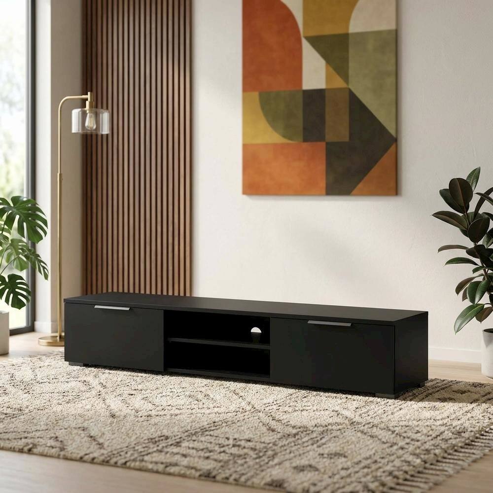 Back. FurniFact - Black Matte TV Stand with 2 Drawers and 1 Shelf for Living Room - Black Matte.