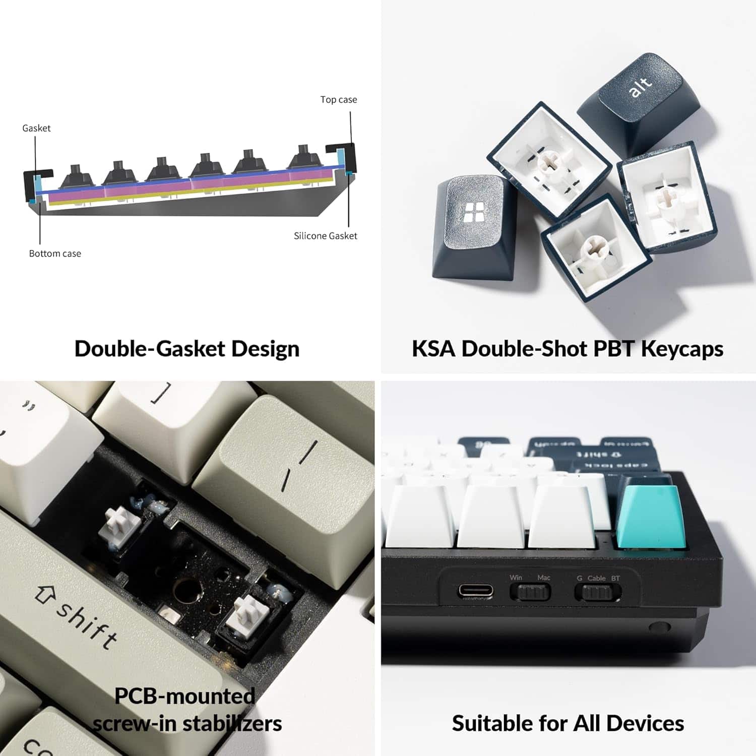Top case: Alt Gasket Silicone Gasket
Bottom case: Double-Gasket Design KSA Double-Shot PBT Keycaps
"Double-Gasket Design KSA Double-Shot PBT Keycaps"