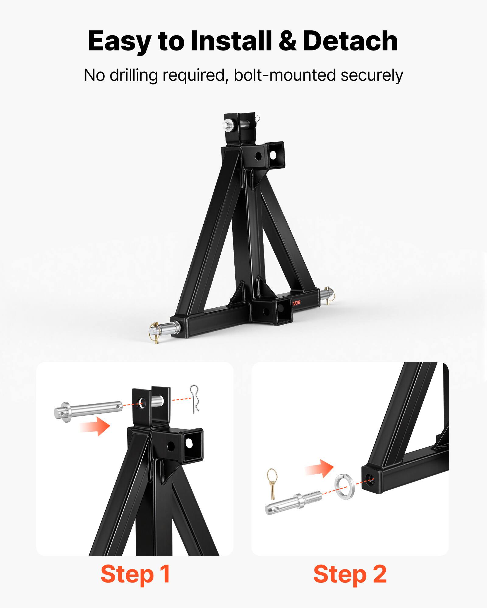 Easy to Install & Detach  
No drilling required, bolt-mounted securely  

Step 1  
Step 2