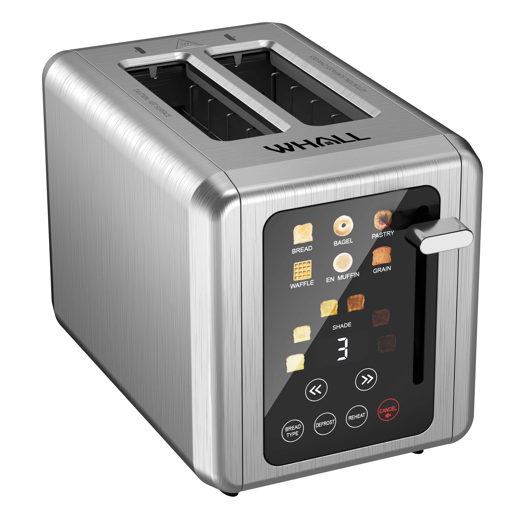 WHALL - Touchscreen Toaster 2 Slice, Stainless Steel, Warming Rack, 1.5 Wide Slots, 850W - Silver