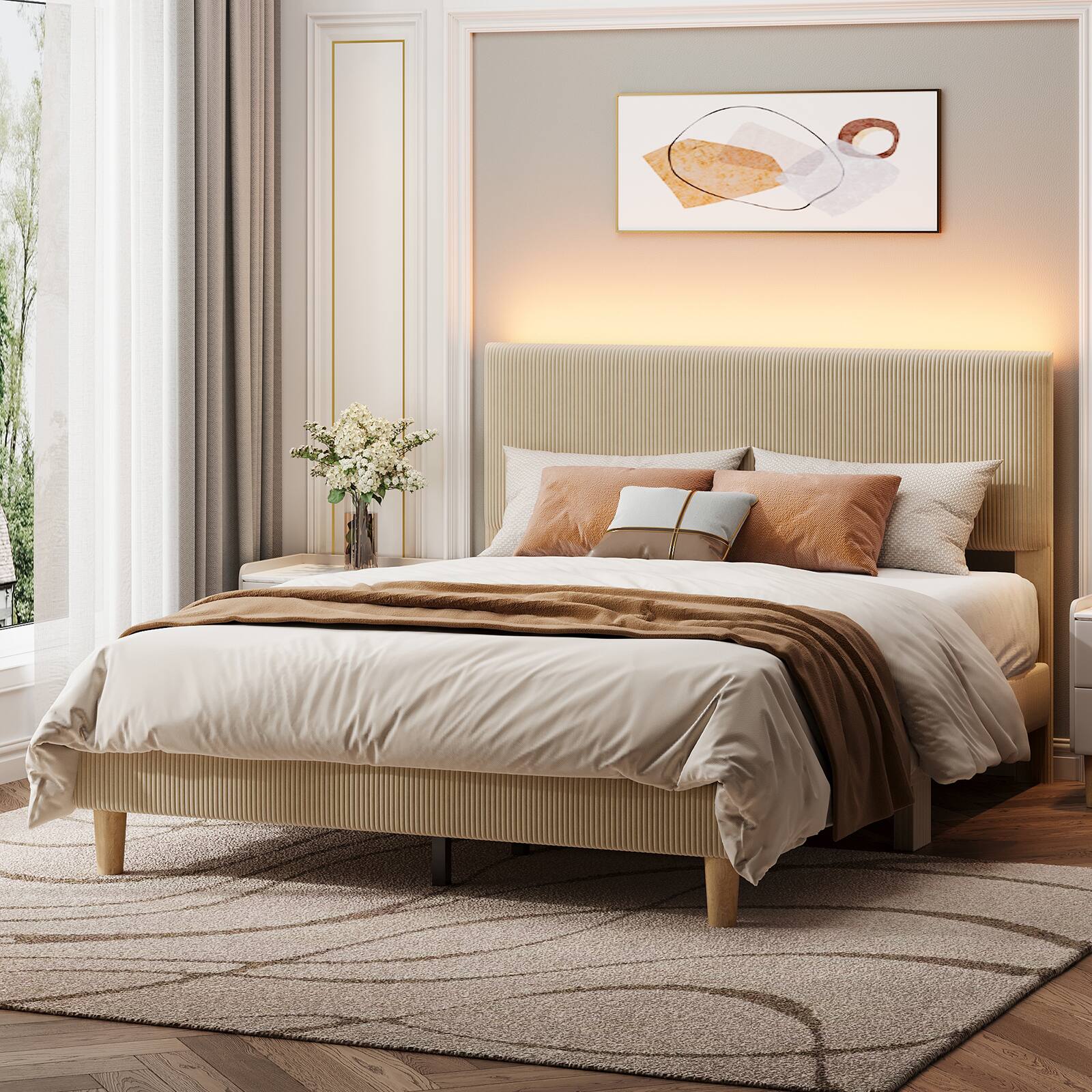 Back. Bestier - Queen Size Upholstered Bed Frame with LED Lights, Adjustable Headboard - Taupe.