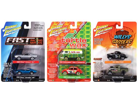 **Johnny Lightning**
**Fast Racing Series**
- **1969 Chevy Camaro ZL1**
- FACTS
- 6+ years
- Release 1
- **1969 Chevy Corvette L88**
- FACTS
- 6+ years
- Release 1
**Johnny Lightning**
**Turtle Wax**
- **1964 Volkswagen Type-2 Transporter**
- Commemorating the power of a hard shell finish
- Die-cast metal body & chassis
- 6+ years
- Release 1
- **1965 Volkswagen Beetle**
- Commemorating the power of a hard shell finish
- Die-cast metal body & chassis
- 6+ years
- Release 1
**Johnny Lightning**
**Willys Gassers**
- **1941 Willys Coupe**
- Replicating classic Willys gas-powered quarter-milers
- Die-cast metal body & chassis
- 6+ years
- Release 1
- **1933 Willys Pickup**
- Replicating classic Willys gas-powered quarter-m