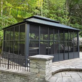 PURPLE LEAF - Sunroom Outdoor Hardtop Gazebo Gray Aluminum Frame Galvanized Steel Double Roof All-Weather Screen House - 12' X 16'