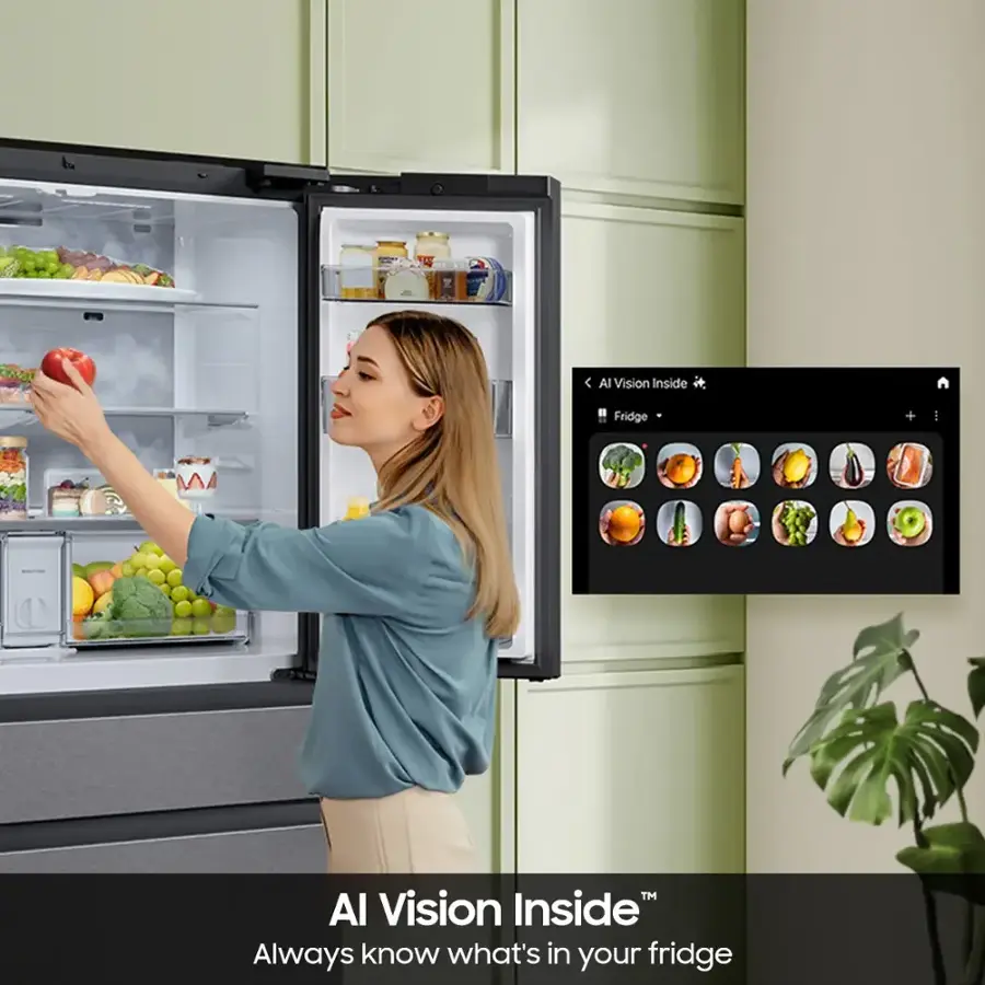 The text on the image reads: "Al Vision Inside Fridge + MA Al Vision Inside Always know what's in your fridge."