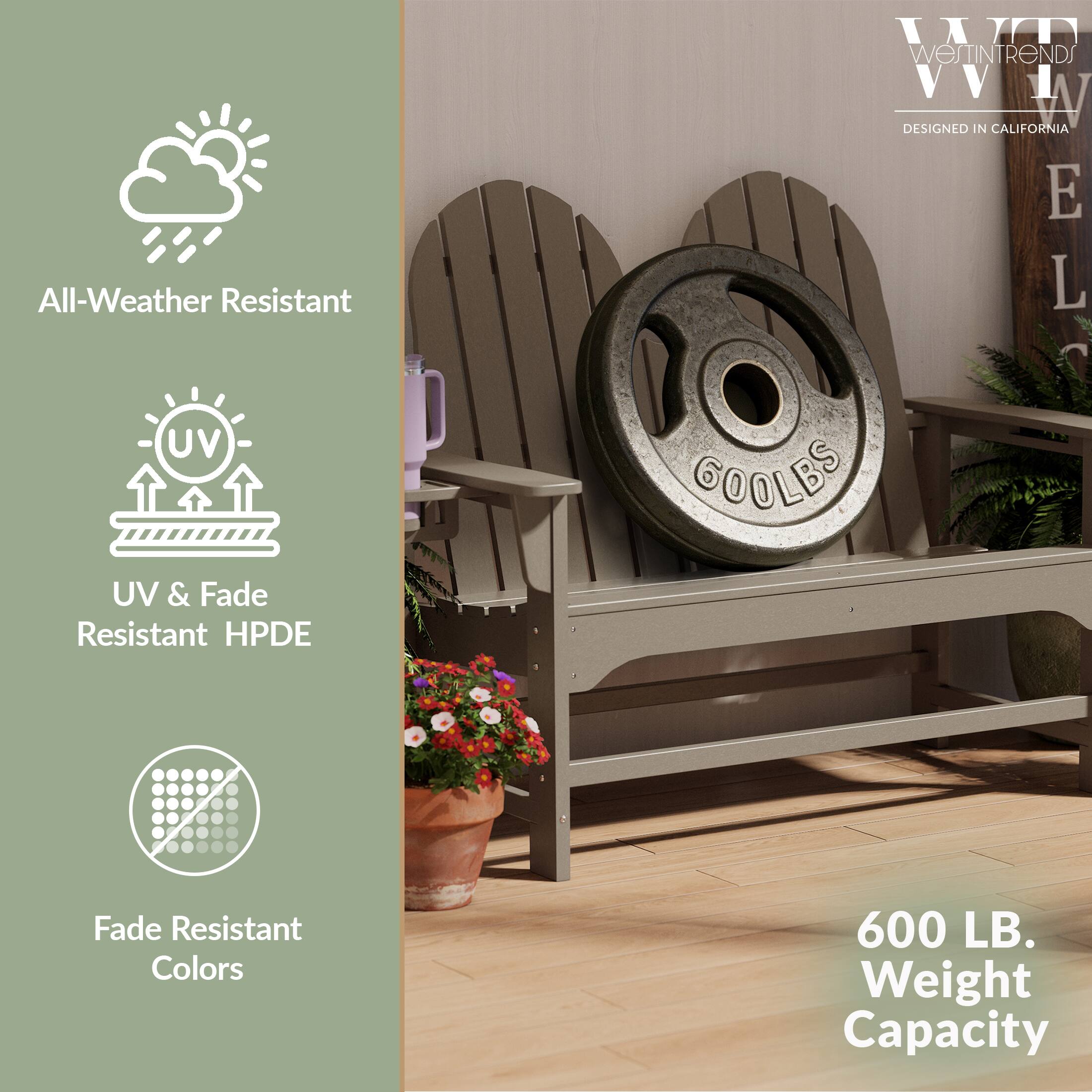 All-Weather Resistant

UV & Fade Resistant HPDE

Fade Resistant Colors

600 LB. Weight Capacity

WIT WESTINTRENDS VV 1
DESIGNED IN CALIFORNIA