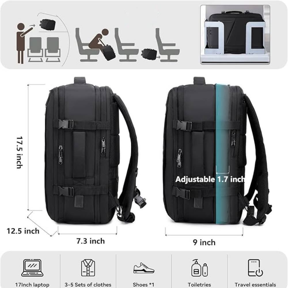 17.5 inch Adjustable 1.7 inch 12.5 inch 7.3 inch 9 inch 17 inch laptop 3-5 Sets of clothes Shoes *1 Toiletries Travel essentials

17.5 inch  
12.5 inch  
7.3 inch  
9 inch  

Adjustable 1.7 inch  

17 inch laptop  
3-5 Sets of clothes  
Shoes *1  
Toiletries  
Travel essentials