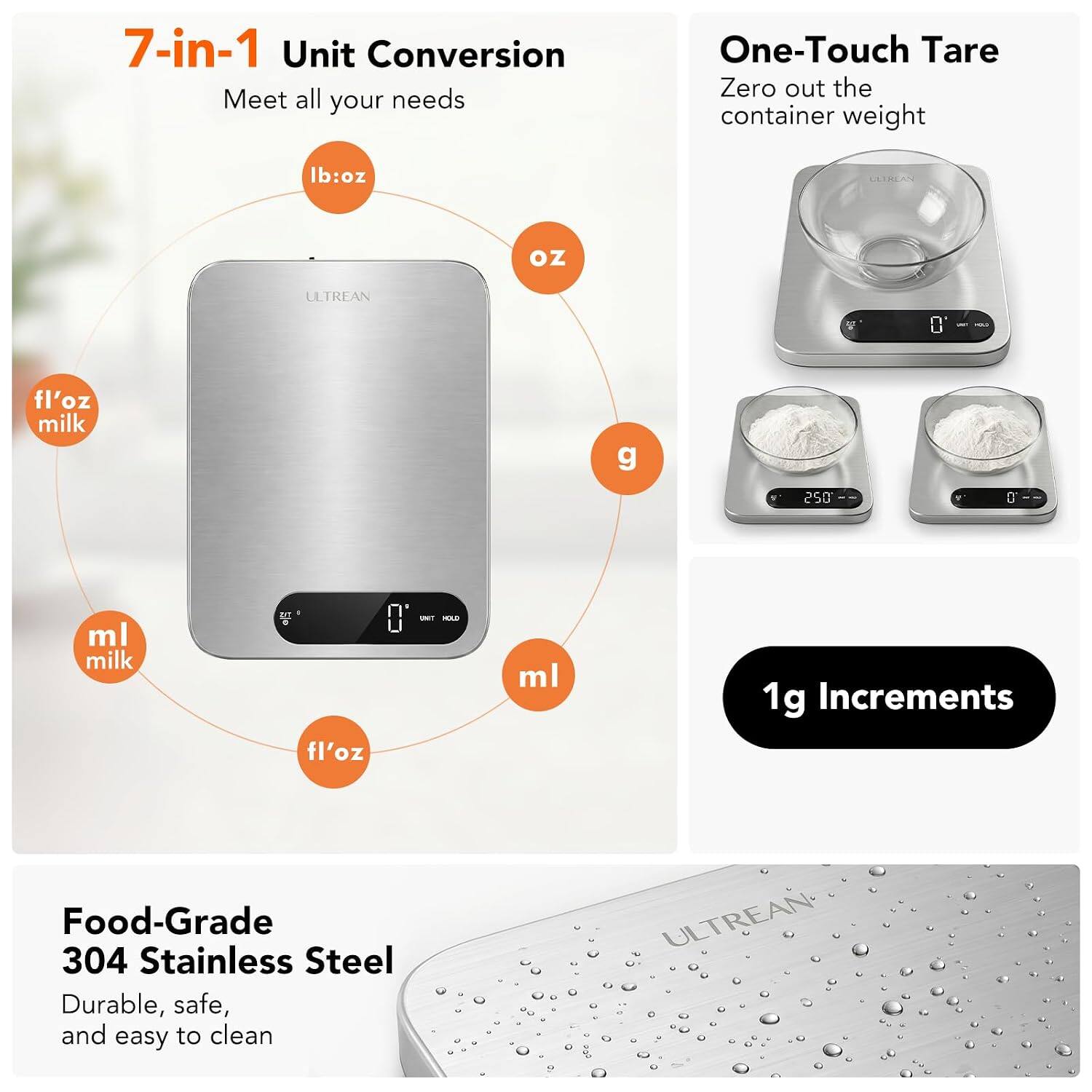 7-in-1 Unit Conversion  
Meet all your needs  

One-Touch Tare  
Zero out the container weight  

1g Increments  

Food-Grade 304 Stainless Steel  
Durable, safe, and easy to clean