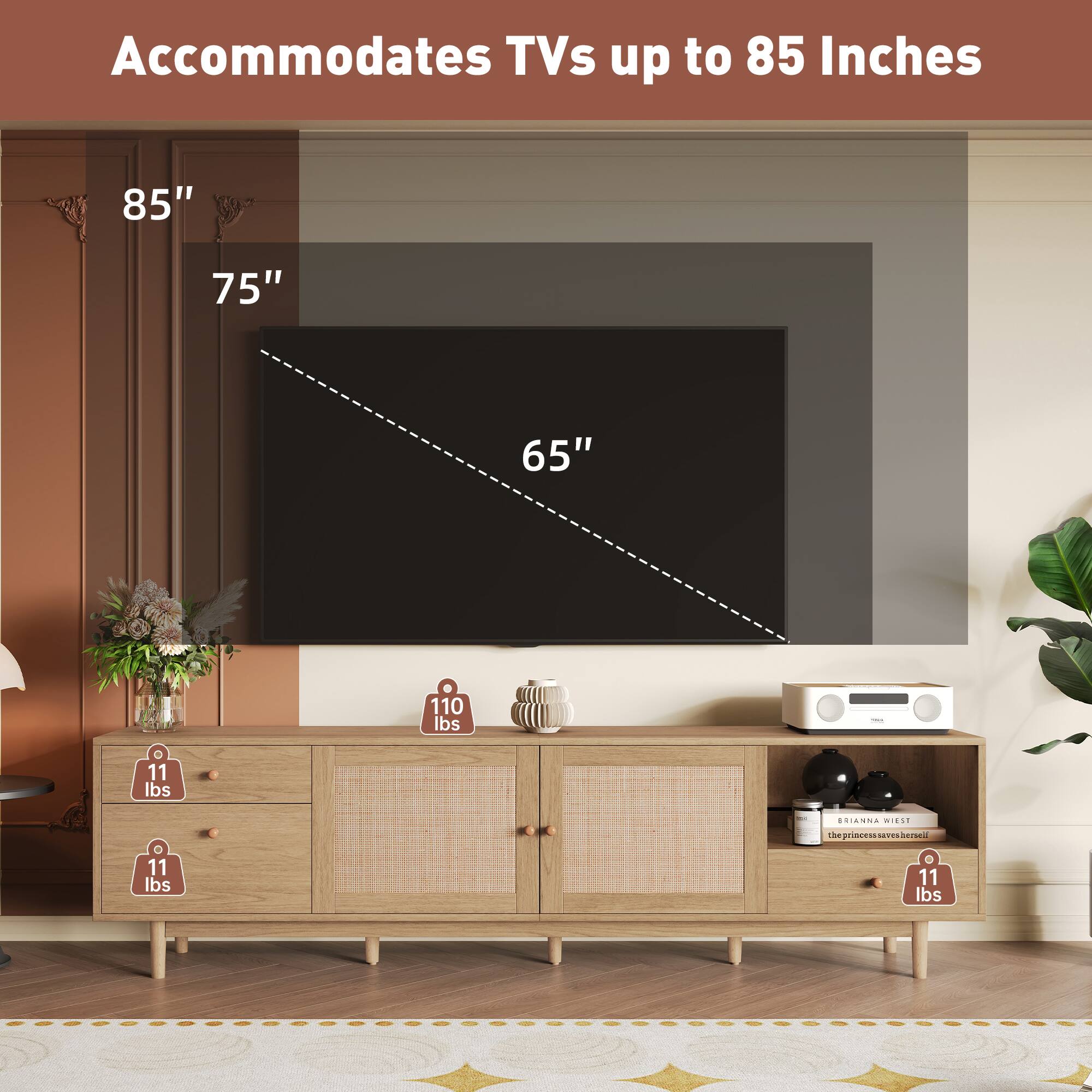 Accommodates TVs up to 85 Inches

85"  
75"  
65"

110 lbs  
11 lbs  
11 lbs  
11 lbs  
11 lbs