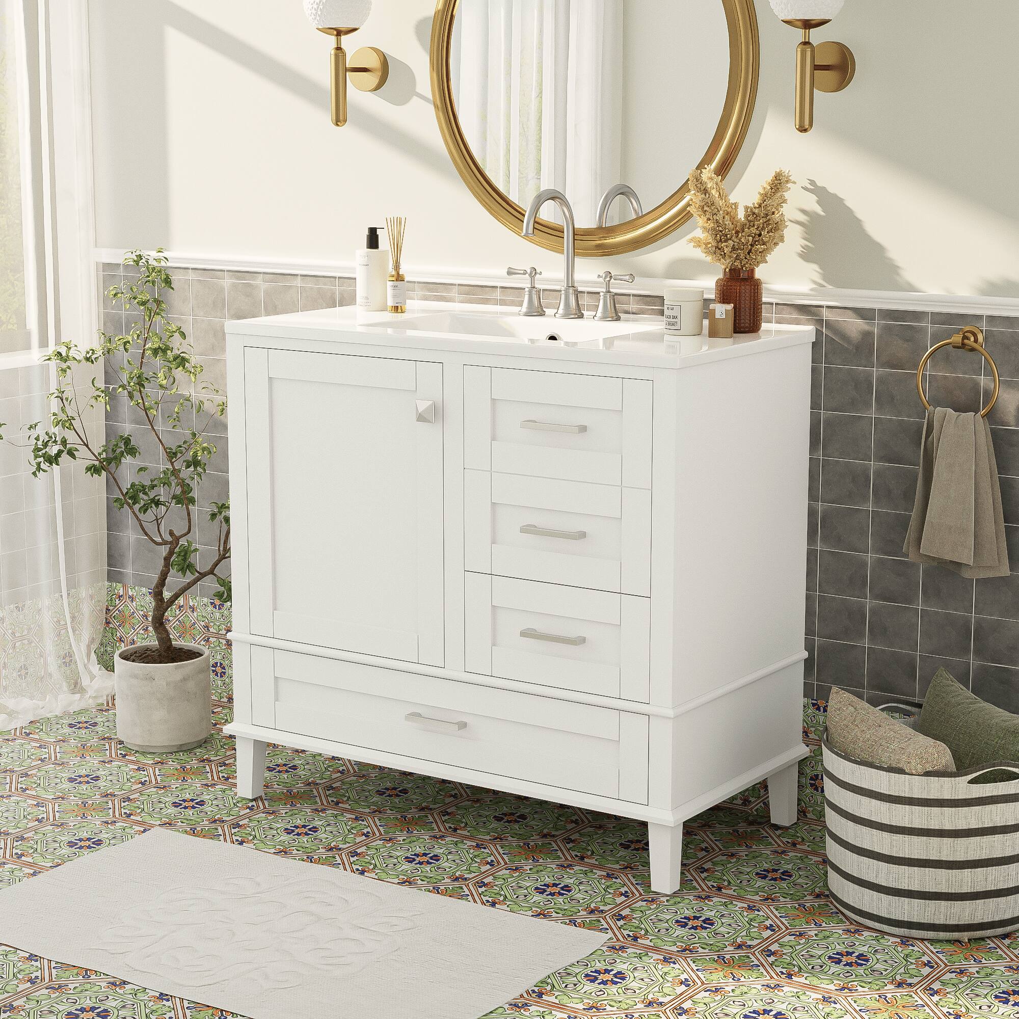 Back. Mirfee - 36" Bathroom Vanity with Solid Pine Frame, Soft Close Door, 3 Drawers - White.