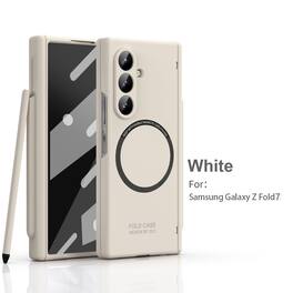 Dteck - Shockproof Phone Case for Samsung Galaxy Z Fold7 with Stylus Hinge Pen Slot, Hard PC Magnetic Cover Built in Glass Film - Beige