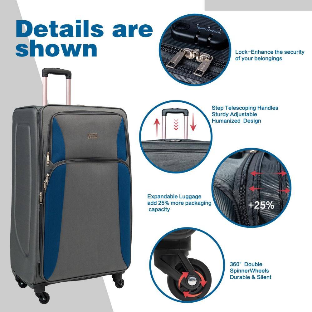 Details are shown

- Lock - Enhance the security of your belongings
- Step Telescoping Handles - Sturdy Adjustable Humanized Design
- Expandable Luggage - add 25% more packaging capacity
- 360° Double SpinnerWheels - Durable & Silent