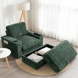 LUCKY ONE - 42" Oversized Faux Rabbit Fur Single Sofa Armchair w/ Cup Holders Storage Ottoman - Green
