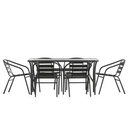 Emma + Oliver - Rhea 7-Piece Patio Dining Table and Chairs Set with Tempered Glass Top Table, 6 Stack Triple Slat Chairs - Black
