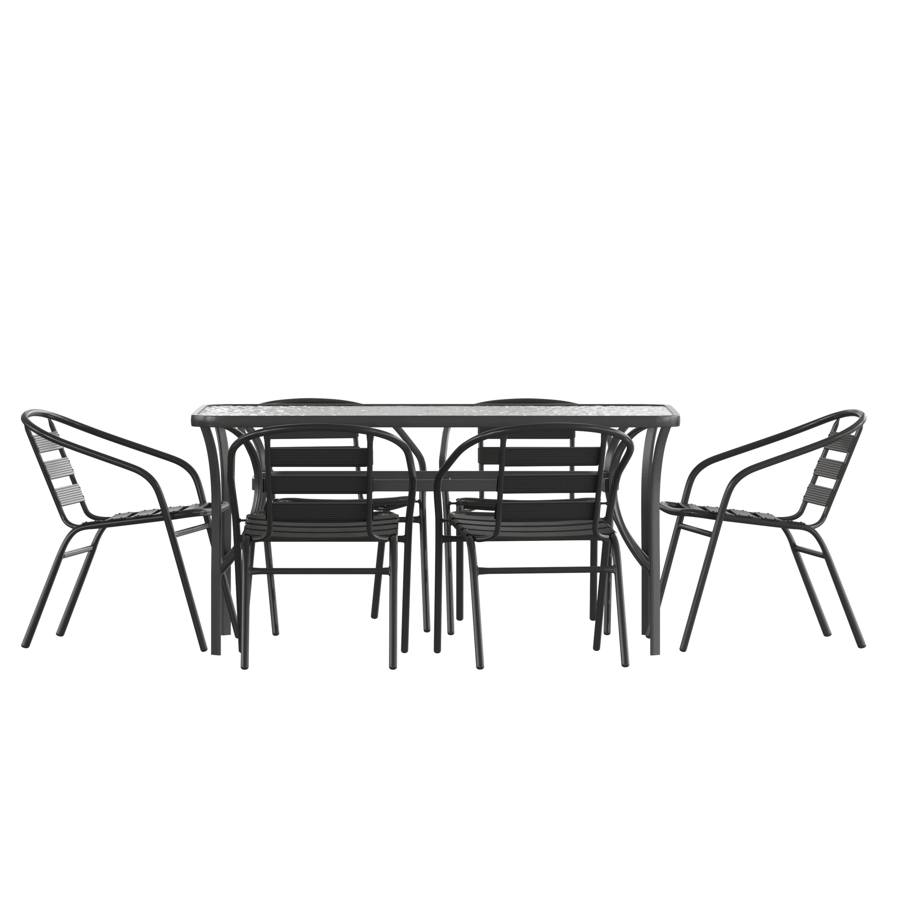 Front. Emma + Oliver - Rhea 7-Piece Patio Dining Table and Chairs Set with Tempered Glass Top Table, 6 Stack Triple Slat Chairs - Black.