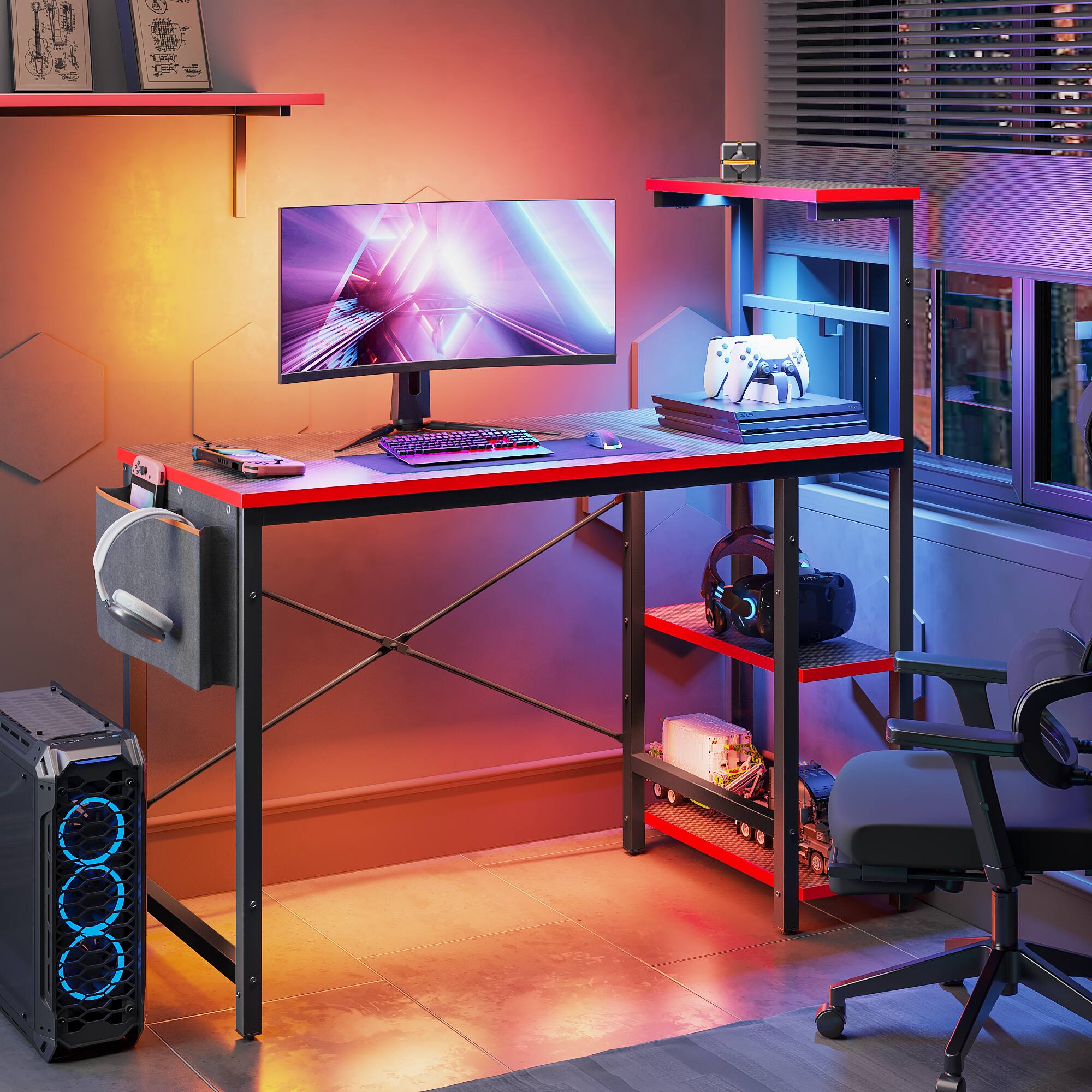 Left. Bestier - 44" RGB Gaming Desk LED Lights, Storage Shelves & Adjustable Height - Carbon Fiber Black.