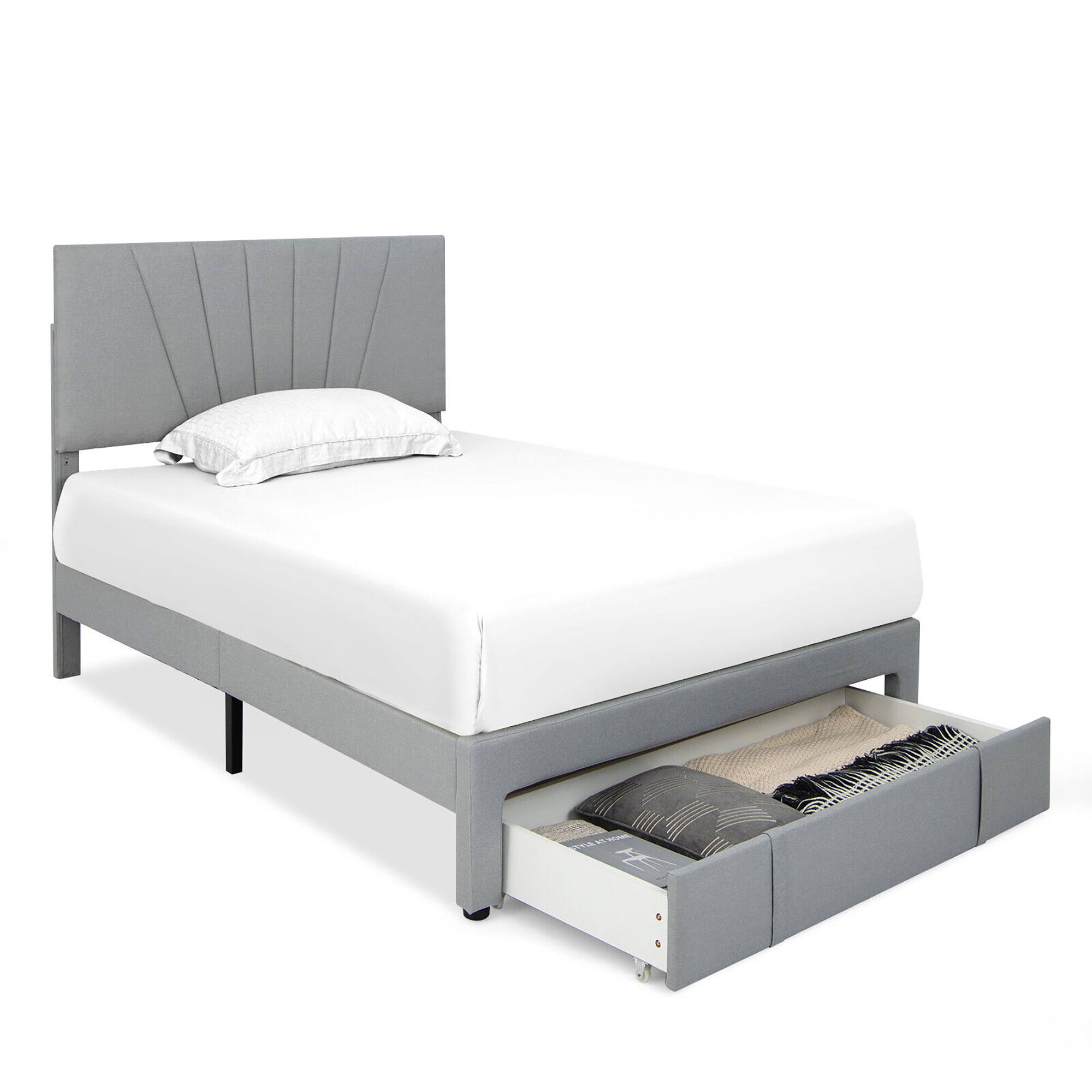 Alt View 1. Gymax - Gymax Full Upholstered Bed Frame Platform Bed with Drawer & Adjustable Headboard Grey - Grey.