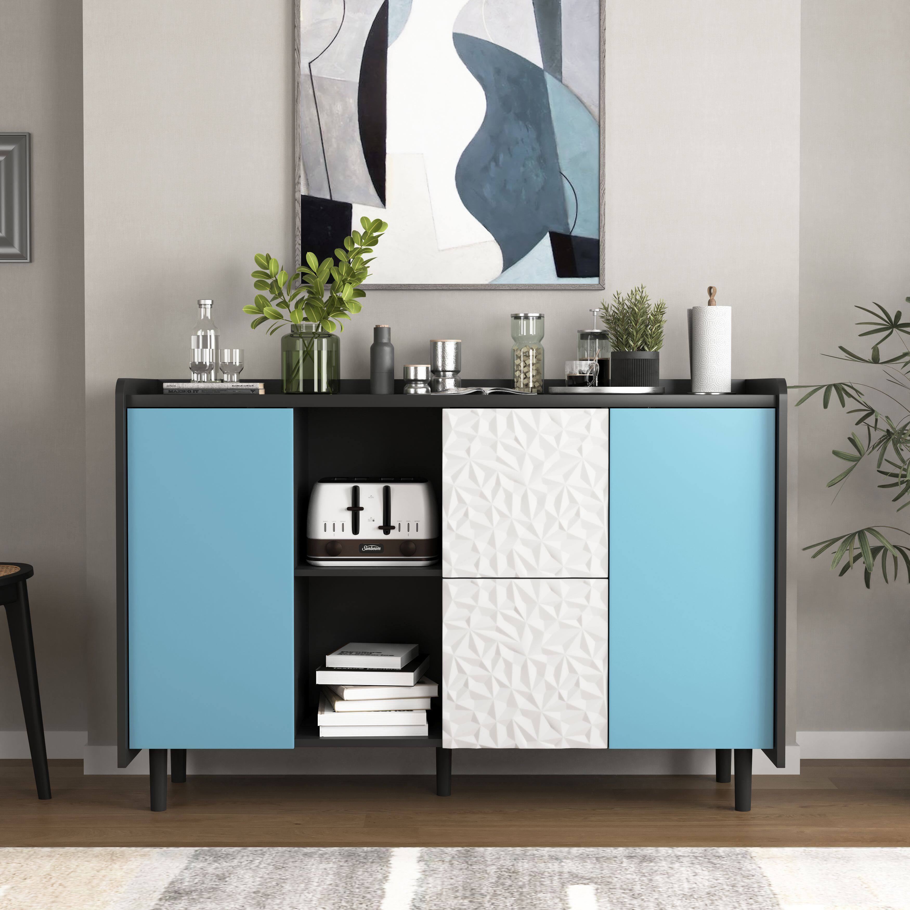 Mirfee - Sideboard Buffet Cabinet with Red Doors, 2 Drawers, Open Storage, for Kitchen Dining - Black+Blue