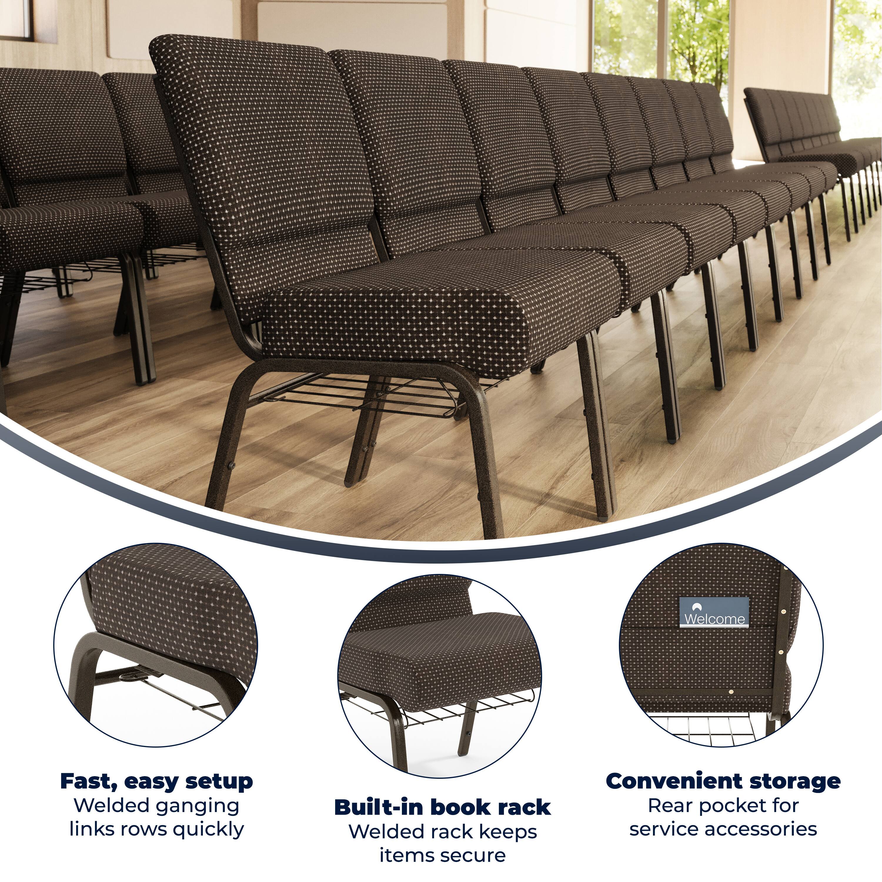 Welcome

Fast, easy setup  
Welded ganging links rows quickly

Convenient storage  
Built-in book rack  
Rear pocket for service accessories  
Welded rack keeps items secure