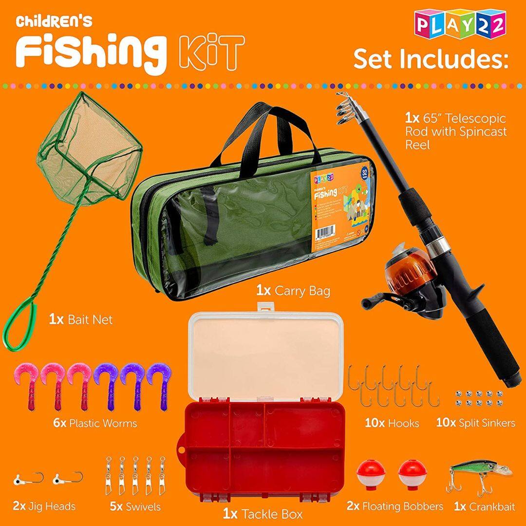 **Children's Fishing Kit**

**Set Includes:**

- 1x 65" Telescopic Rod with Spincast Reel
- 1x Carry Bag
- 1x Bait Net
- 6x Plastic Worms
- 10x Hooks
- 10x Split Sinkers
- 2x Jig Heads
- 5x Swivels
- 1x Tackle Box
- 2x Floating Bobbers
- 1x Crankbait