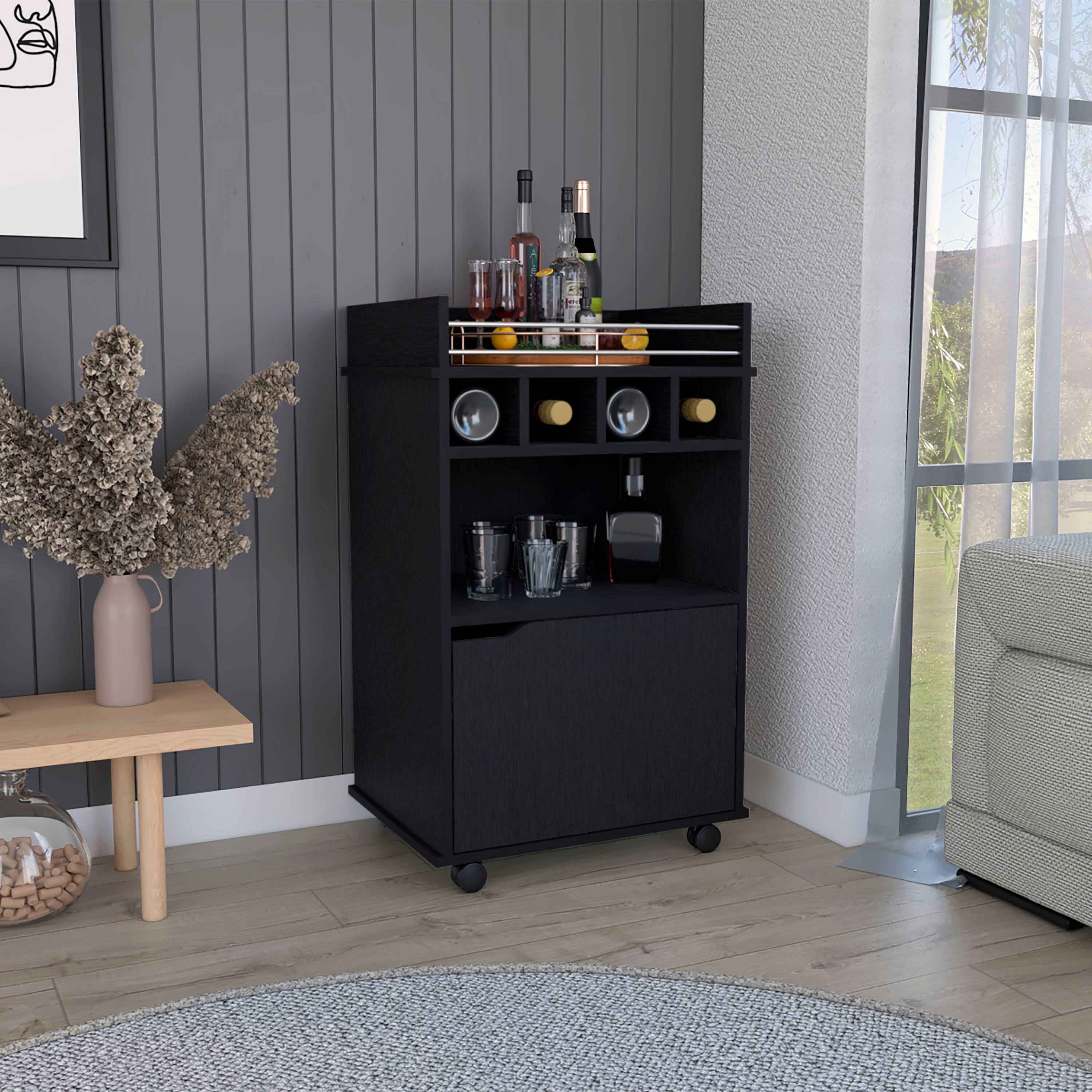 Angle. TuHome - Phoenix Bar Cart with 2 Open Shelves, 4 Wine Cubbies, One Cabinet, Bar Room. - Black.