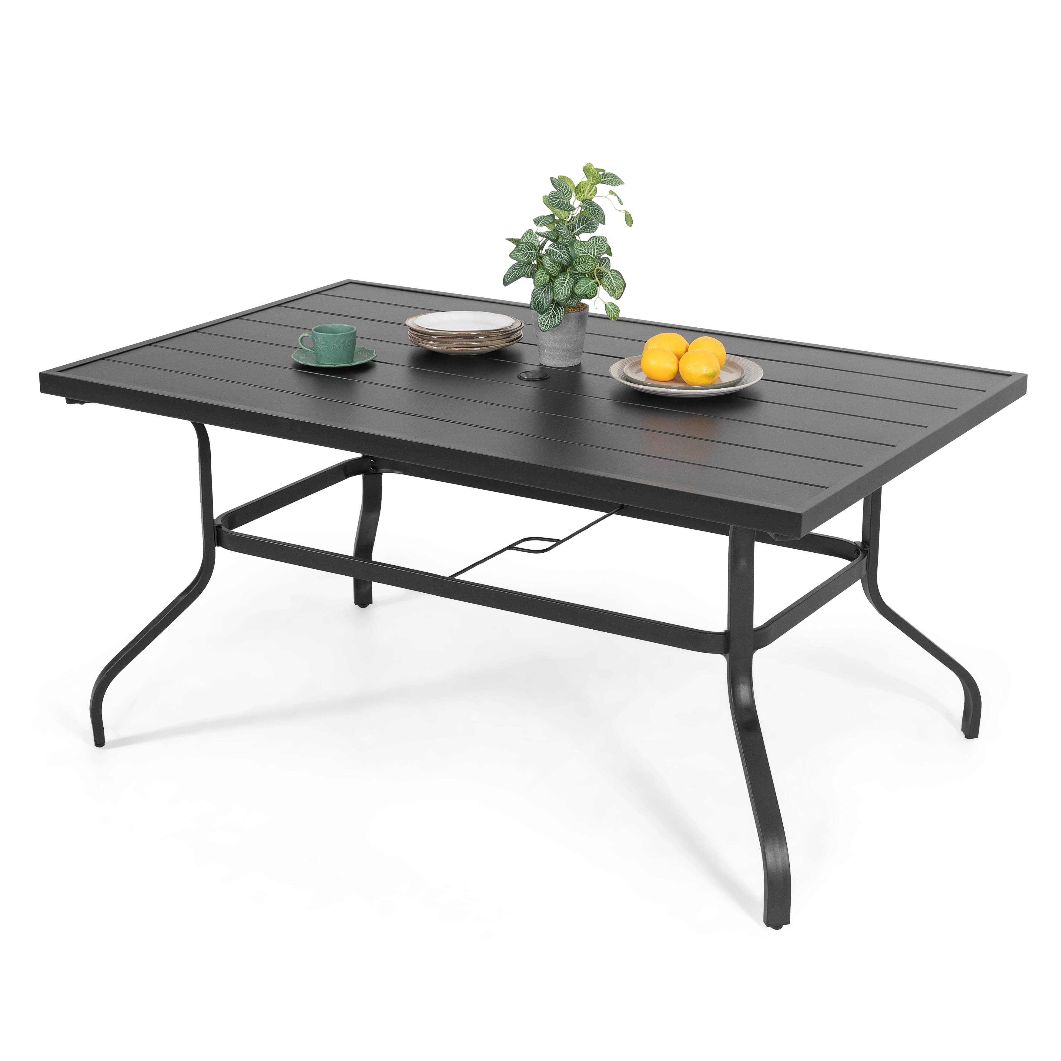 Left. Nuu Garden - Outdoor 61" x 37" Rectangle Powder-coated Iron Dining Table with 1.6'' Umbrella Hole - Black.