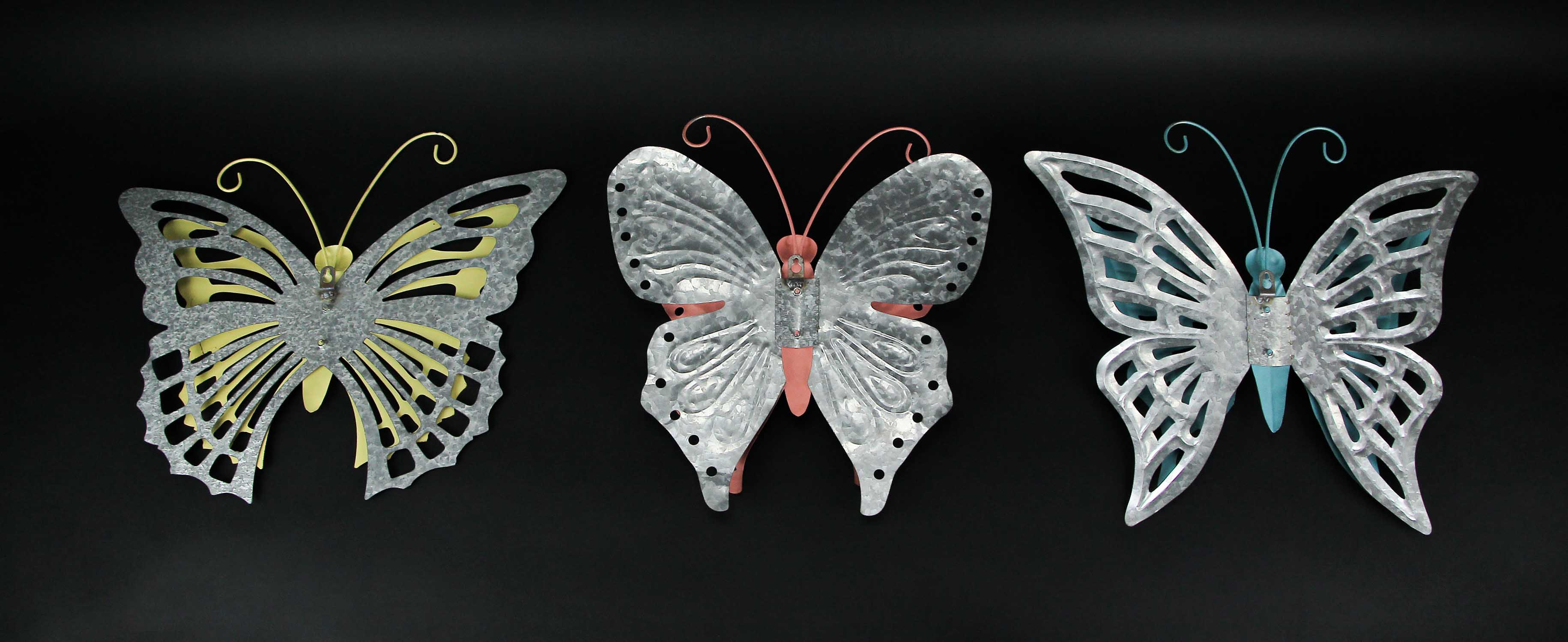 Alt View 2. Zeckos - Set of 3 Distressed Finish Metal Butterfly Wall Hangings Galvanized Zinc Accents - Multicolored.