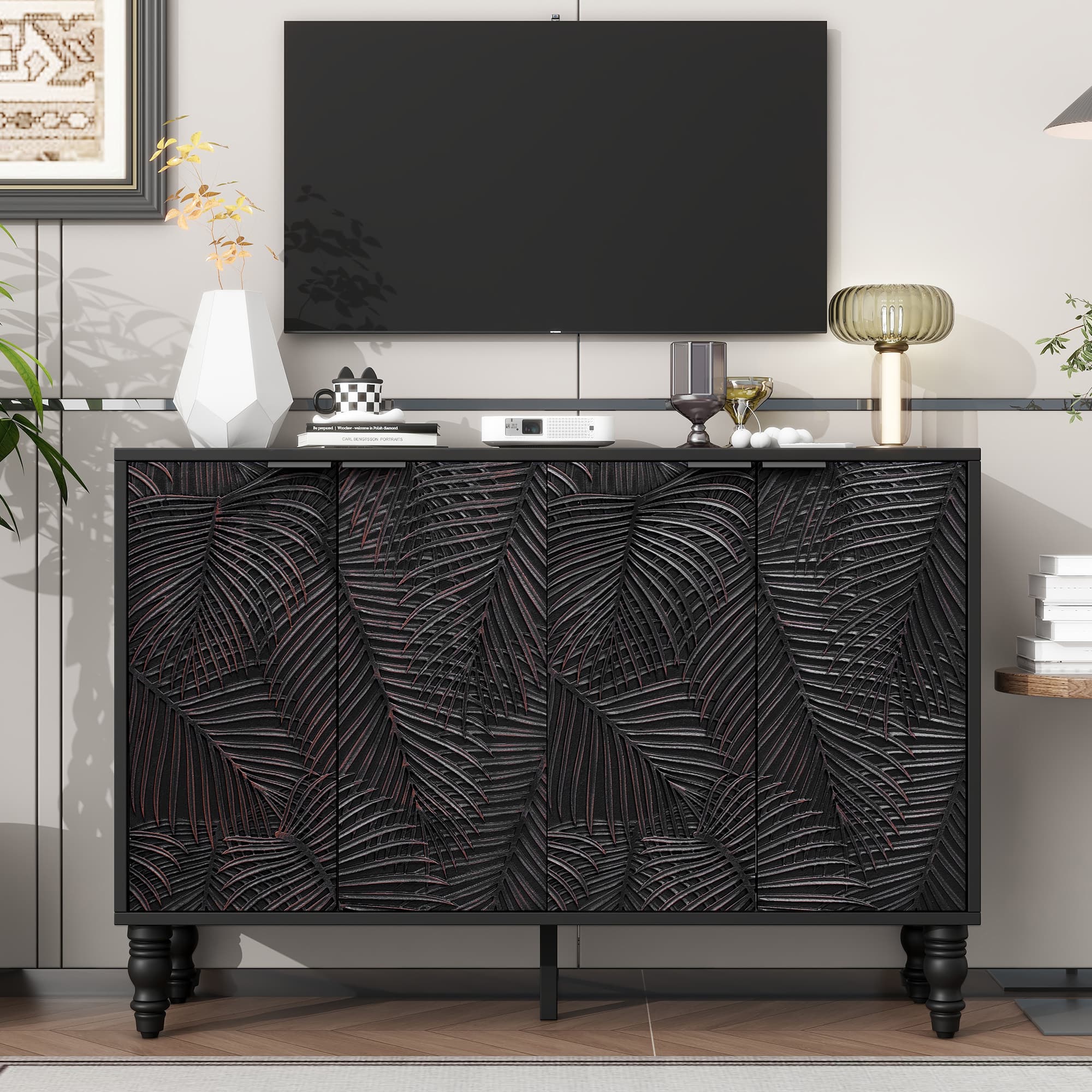 Spaco - Modern TV Stand with 2 Storage Cabinets, Solid Wood Legs and Anti Tip Device for 45 Inch TVs, for Living Room - Black