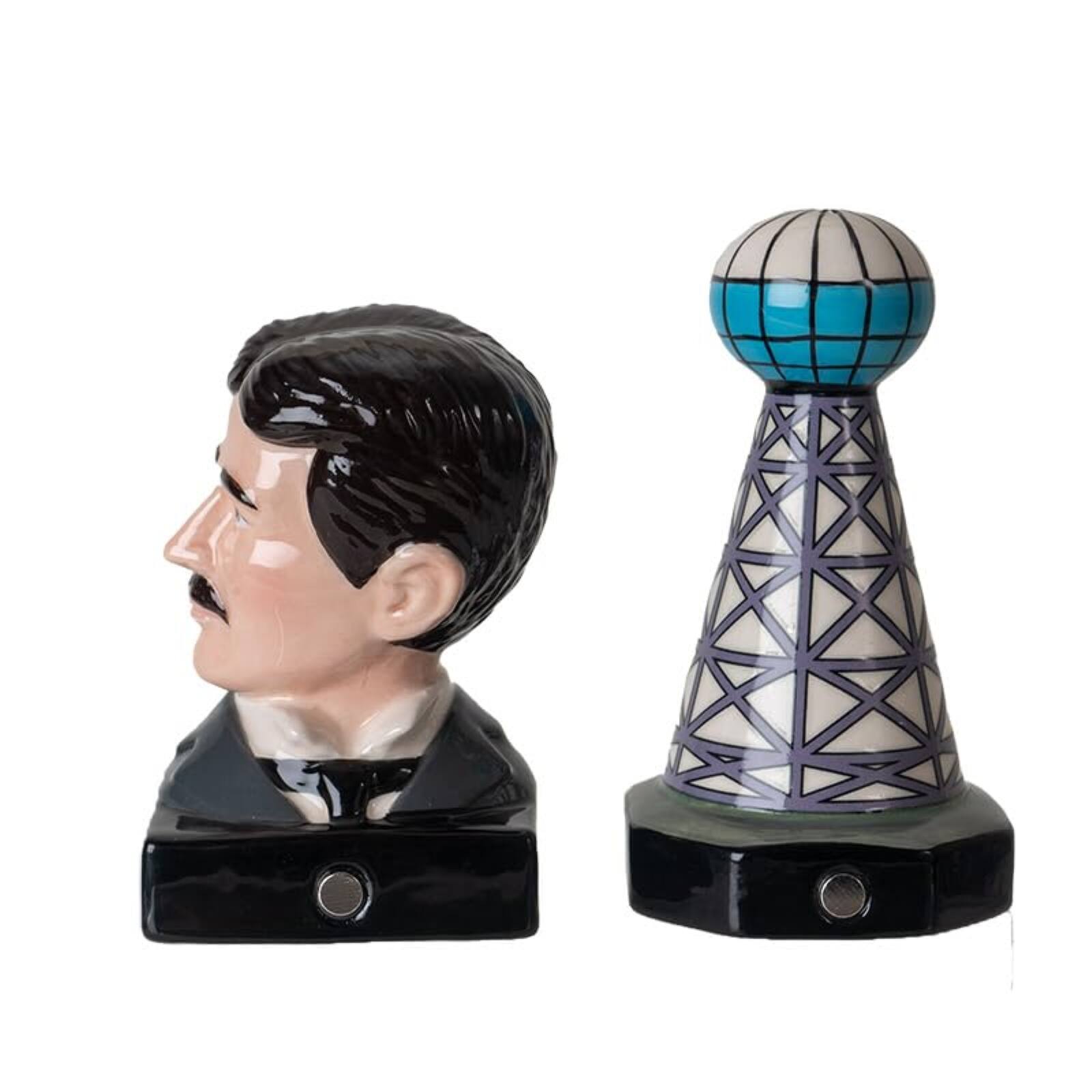 Back. Pacific Trading - Nikola Tesla Inspired Ceramic Salt and Pepper Shaker Set Tesla and Tower - Multicolor.
