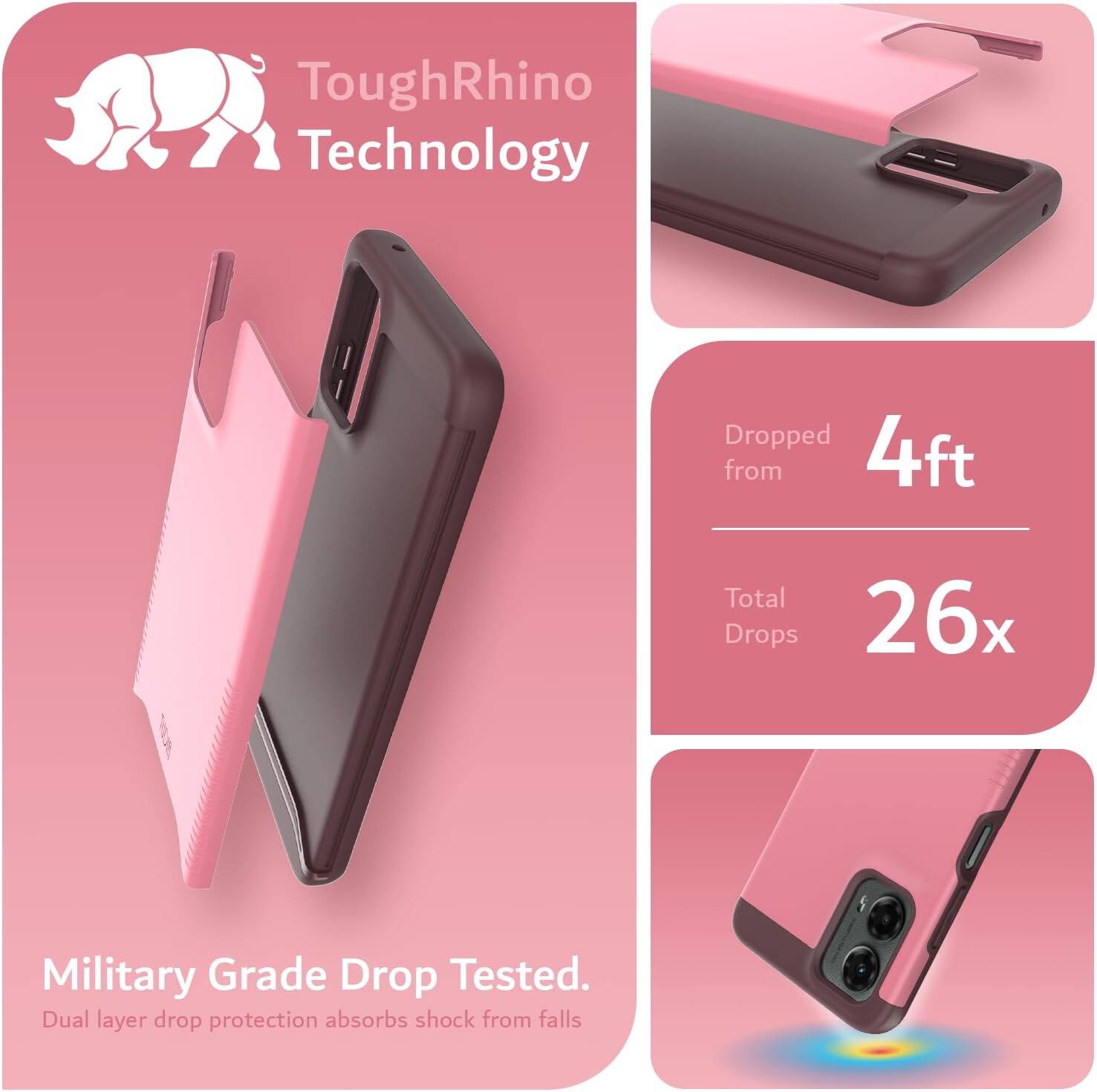 ToughRhino Technology

Dropped from 4ft  
Total Drops 26x

Military Grade Drop Tested.  
Dual layer drop protection absorbs shock from falls