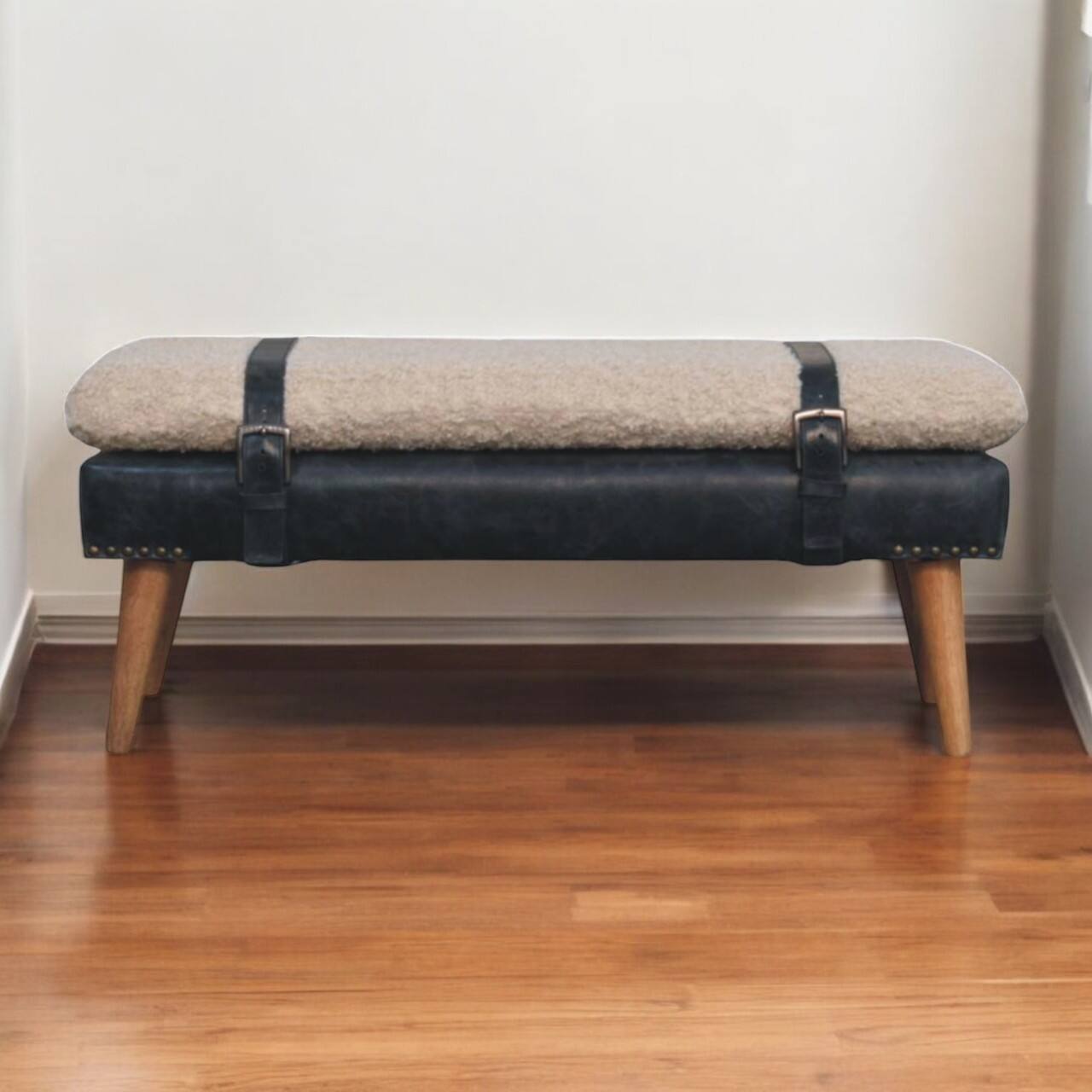 Alt View 6. Artisan Furniture - Artisan Furniture Solid Wood Boucle x Black Leather Bench, Upholstered, Black and White - Black and White.