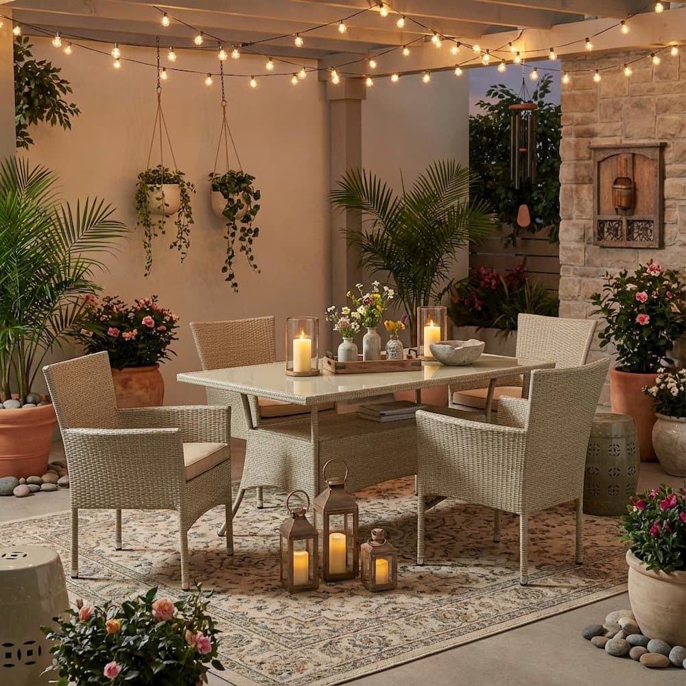 Outdoor Escape - Linen Wicker Patio Set with Dining Table and 4 Outdoor Chairs - Brown price history on PriceWatchPro