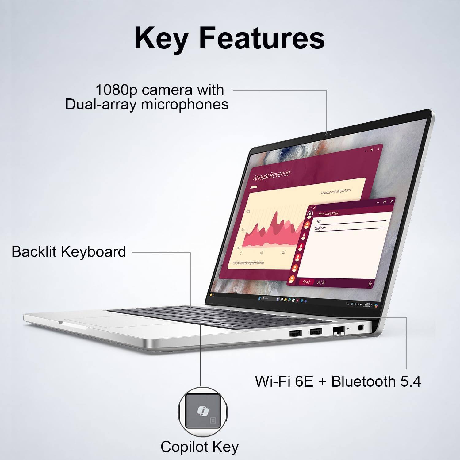 Key Features
- 1080p camera with Dual-array microphones
- Backlit Keyboard
- Wi-Fi 6E + Bluetooth 5.4
- Copilot Key