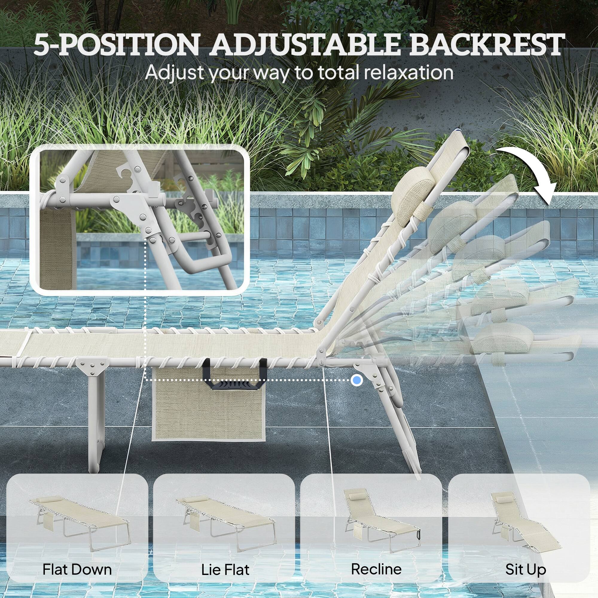 5-POSITION ADJUSTABLE BACKREST  
Adjust your way to total relaxation  

- Flat Down  
- Lie Flat  
- Recline  
- Sit Up